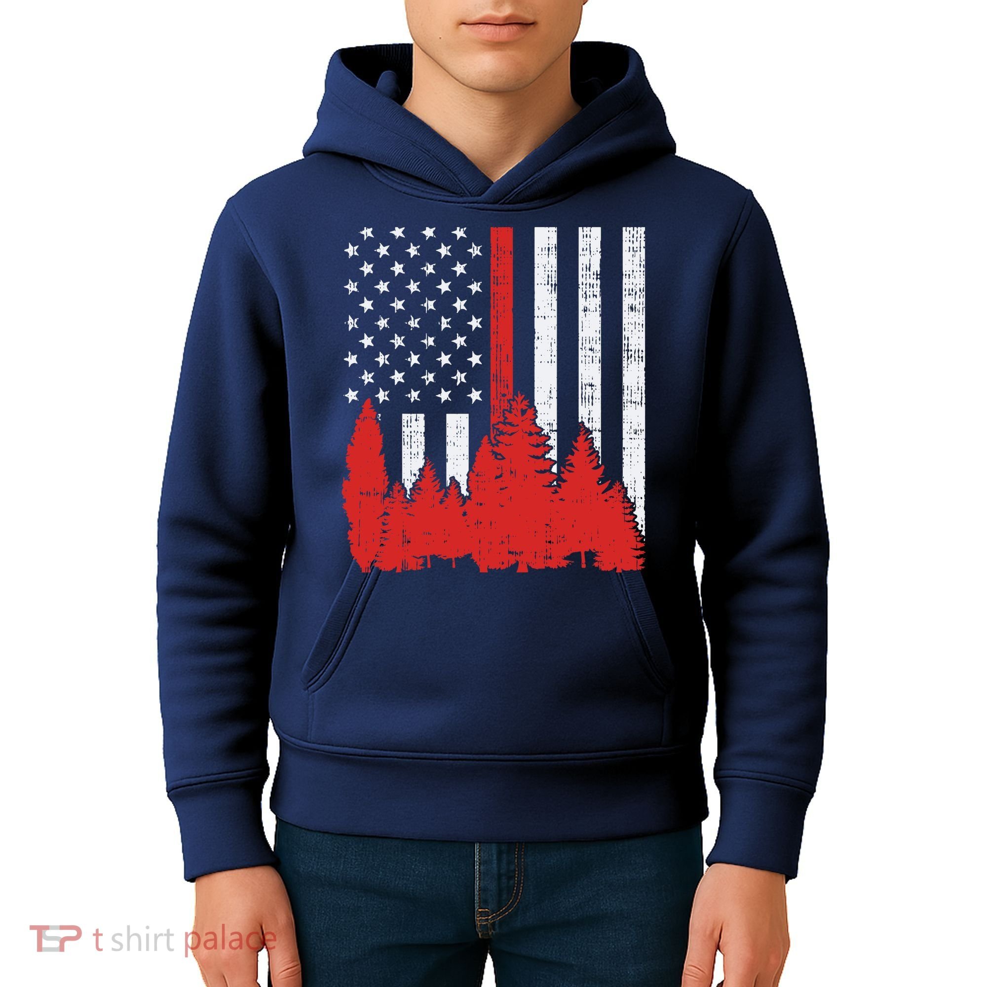 USA Flag Thin Red Line Forest Fire Wildland Firefighter Gift Kids Hoodie