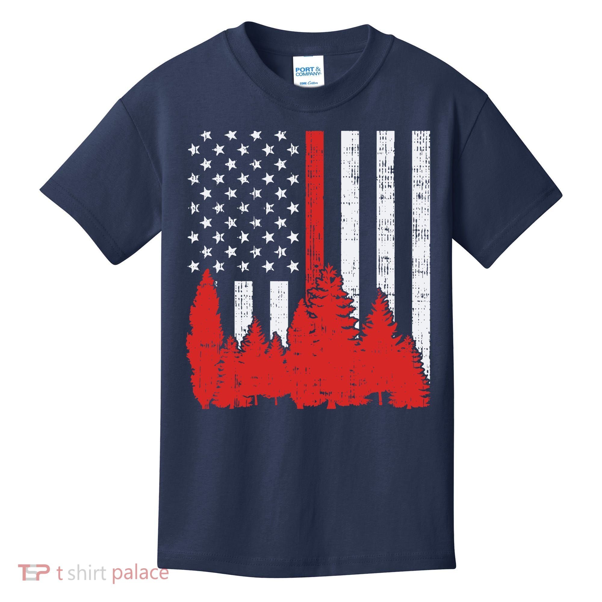 USA Flag Thin Red Line Forest Fire Wildland Firefighter Gift Kids T-Shirt