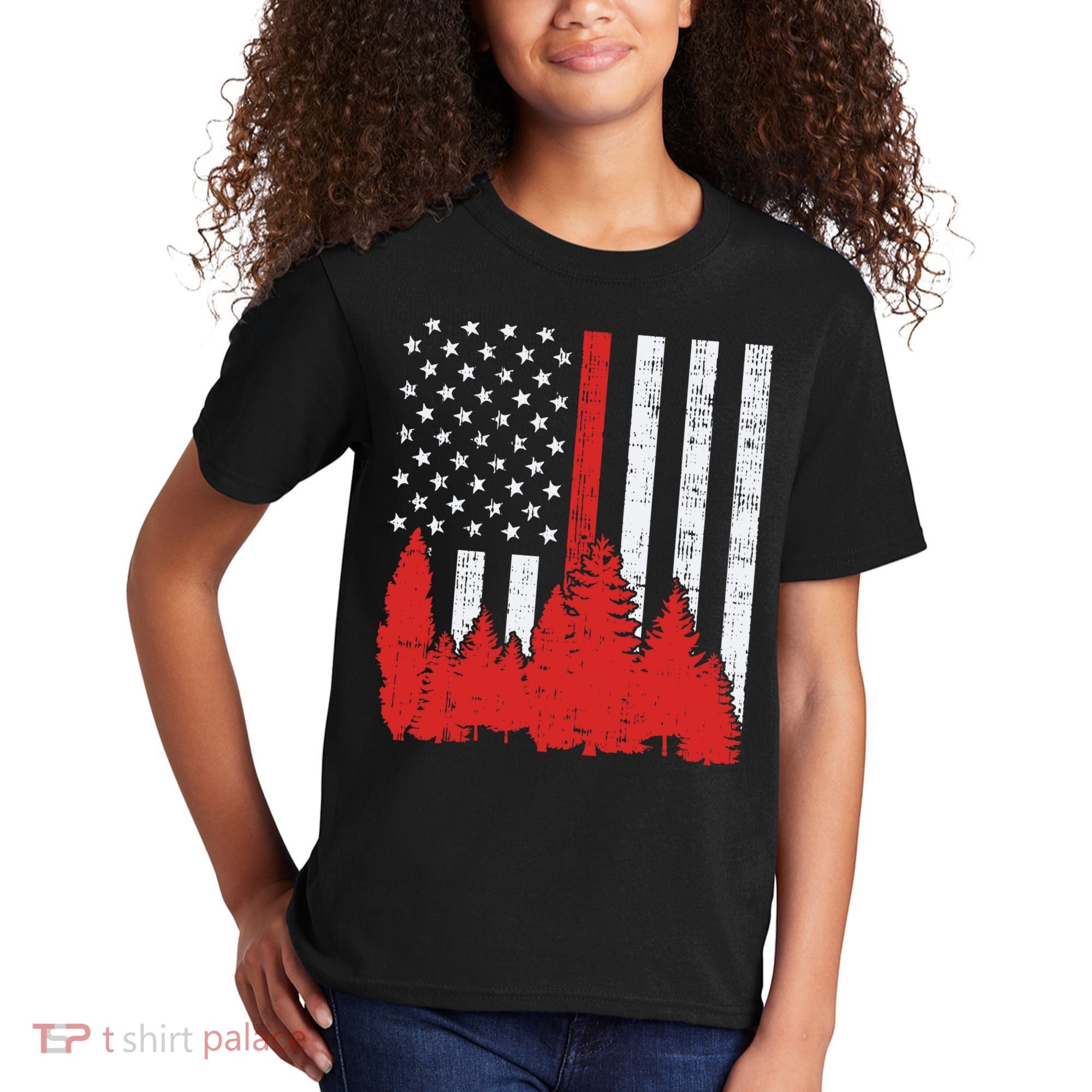 USA Flag Thin Red Line Forest Fire Wildland Firefighter Gift Kids T-Shirt