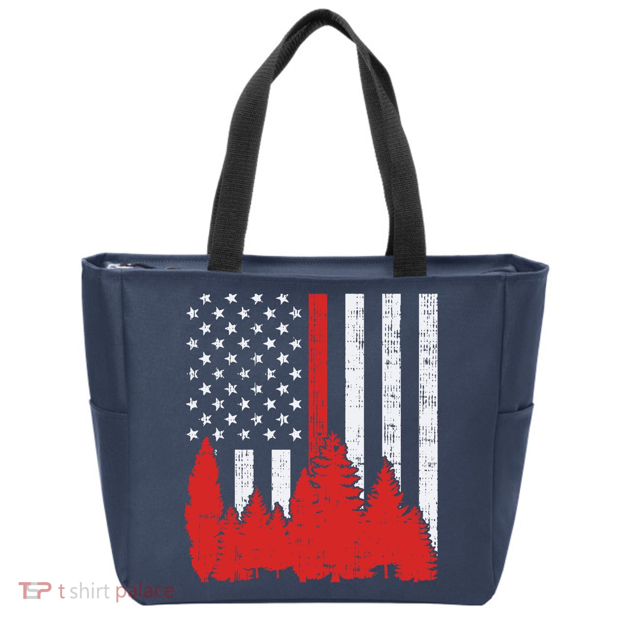 USA Flag Thin Red Line Forest Fire Wildland Firefighter Gift Tote Bag