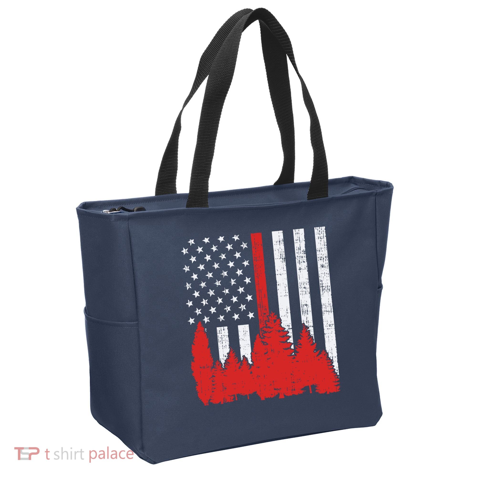 USA Flag Thin Red Line Forest Fire Wildland Firefighter Gift Tote Bag
