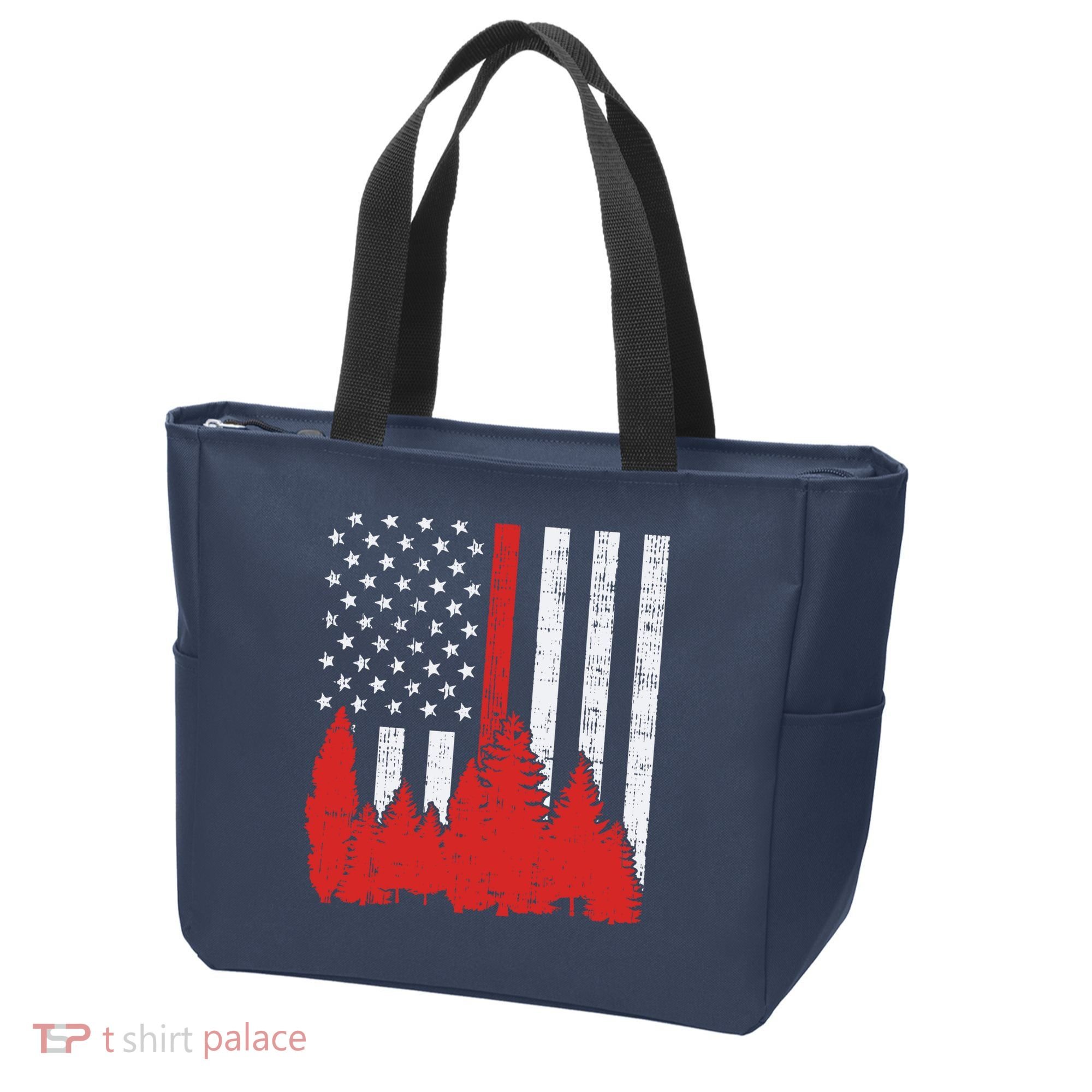 USA Flag Thin Red Line Forest Fire Wildland Firefighter Gift Tote Bag