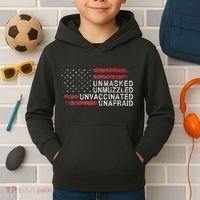 Us Flag Unmasked Unmuzzled Unvaccinated Unafraid Kids Hoodie thumb 2