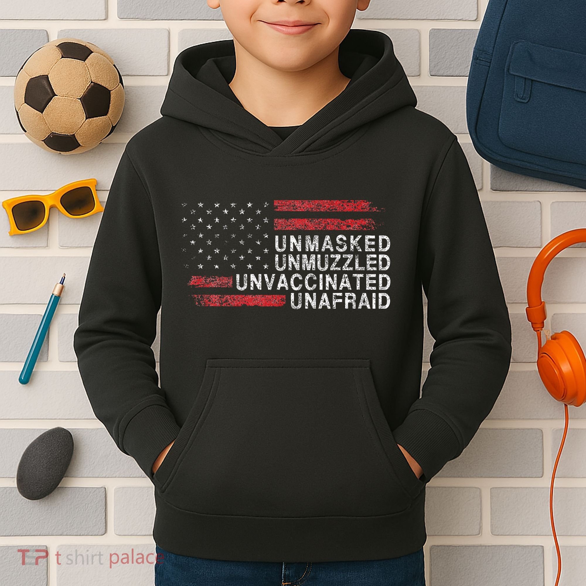 Us Flag Unmasked Unmuzzled Unvaccinated Unafraid Kids Hoodie