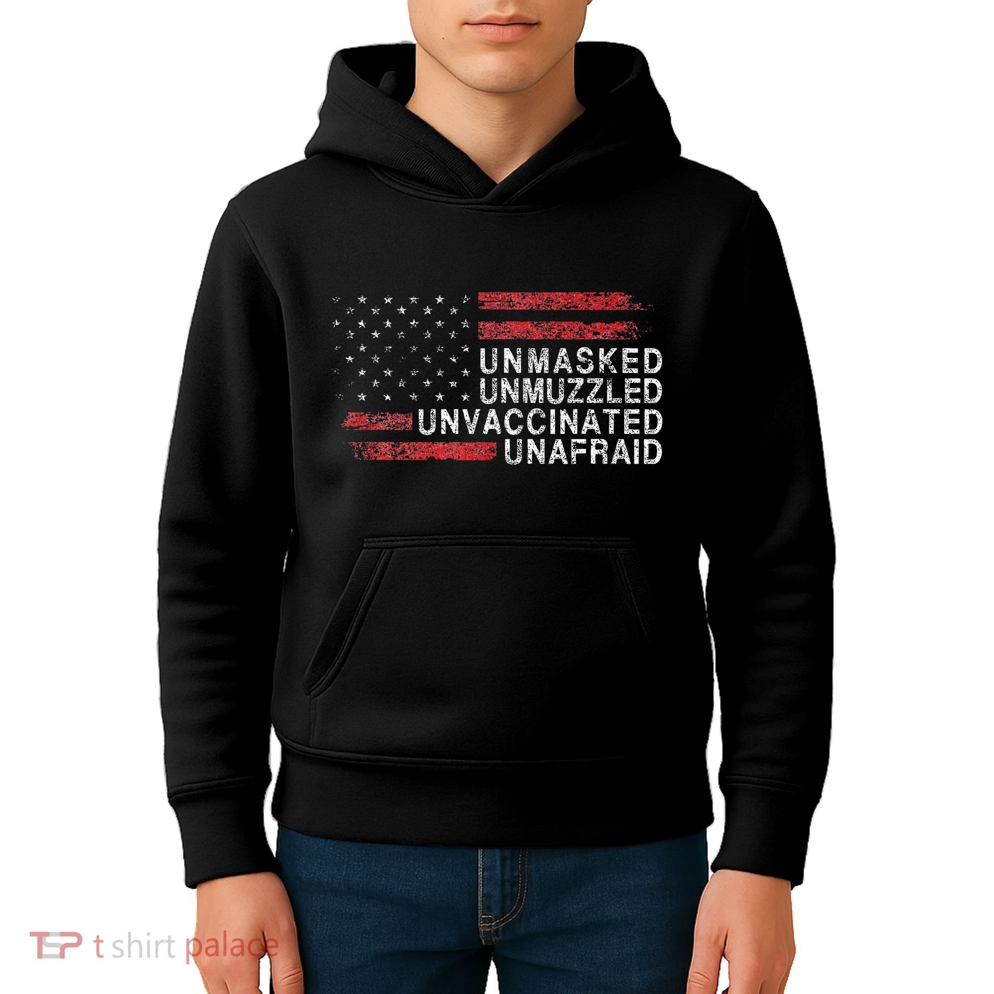 Us Flag Unmasked Unmuzzled Unvaccinated Unafraid Kids Hoodie