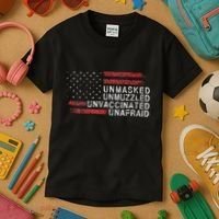 Us Flag Unmasked Unmuzzled Unvaccinated Unafraid Kids T-Shirt thumb 3