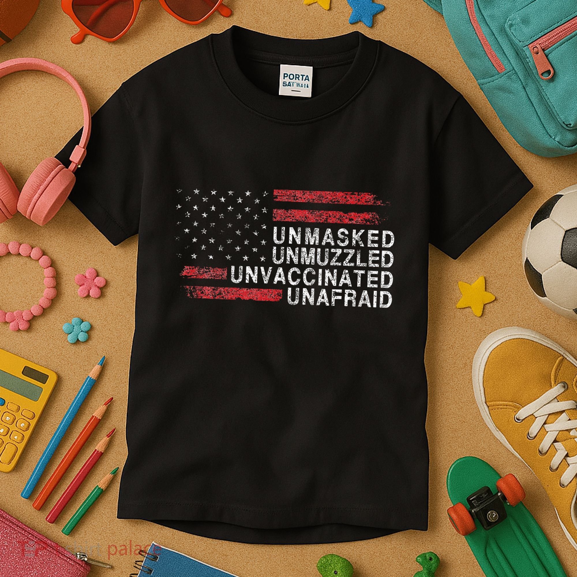 Us Flag Unmasked Unmuzzled Unvaccinated Unafraid Kids T-Shirt