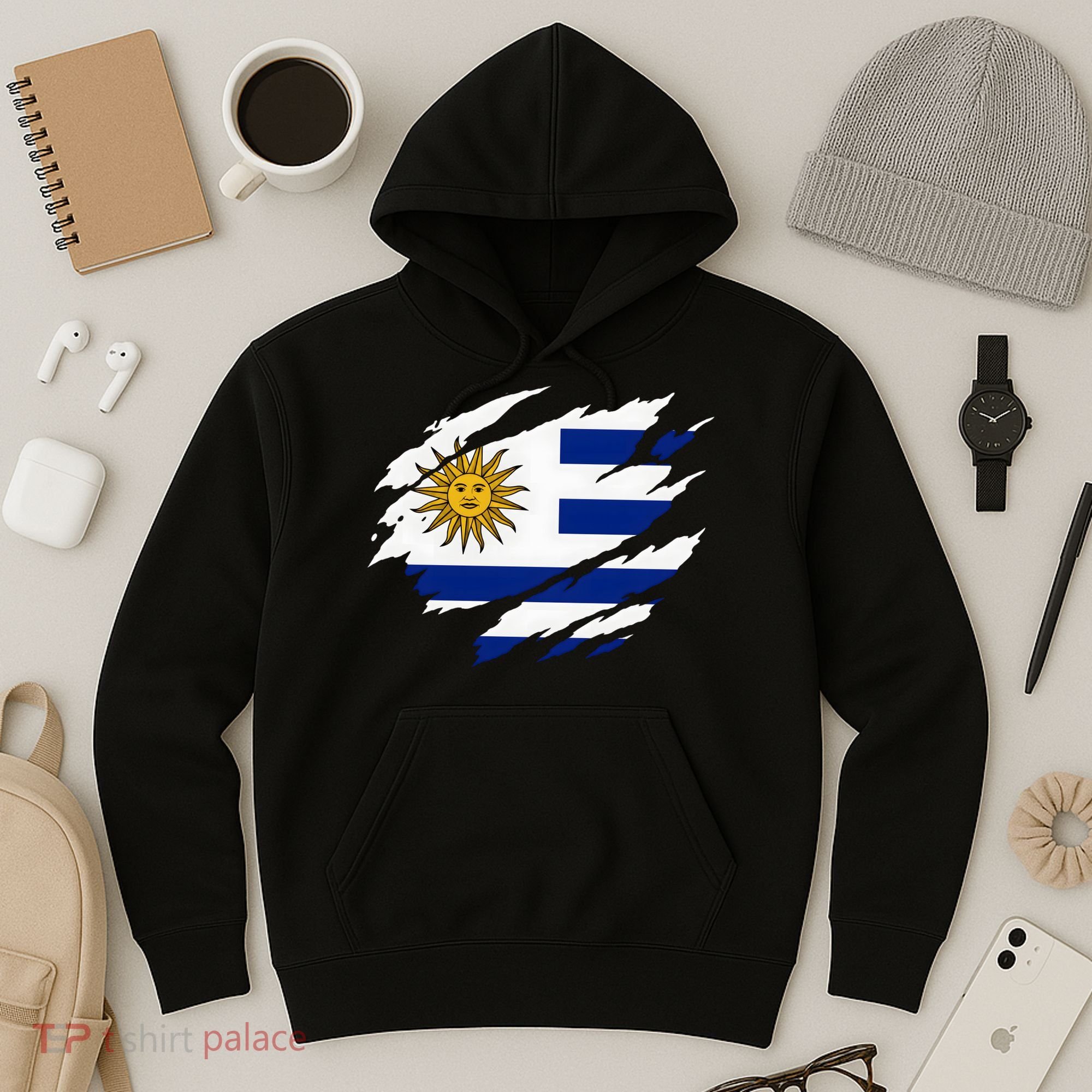 Uruguay Flag With Sun Graphic For Soccer Fans Hoodie