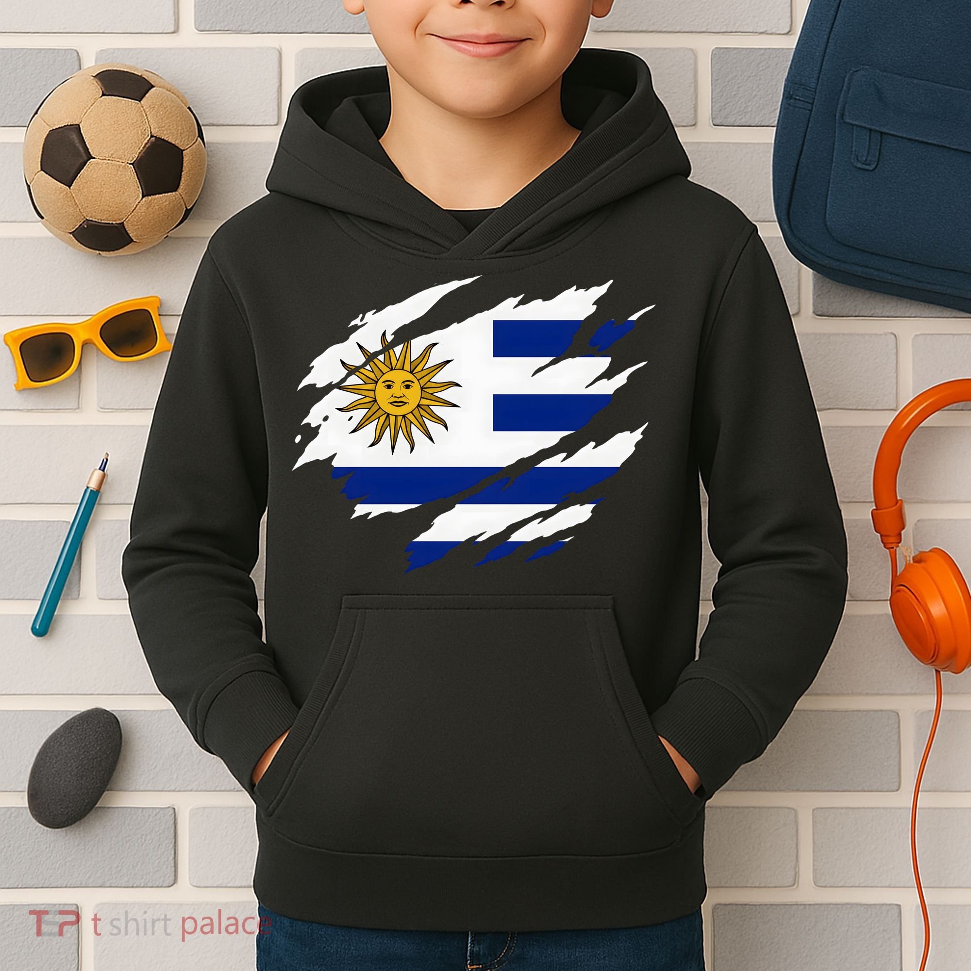 Uruguay Flag With Sun Graphic For Soccer Fans Kids Hoodie