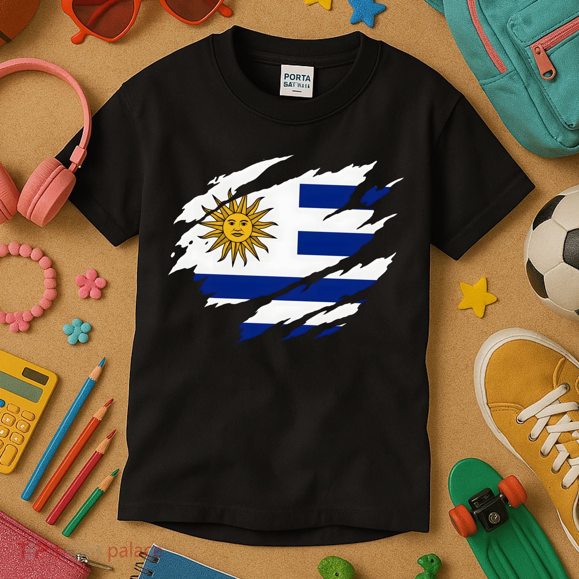 Uruguay Flag With Sun Graphic For Soccer Fans Kids T-Shirt