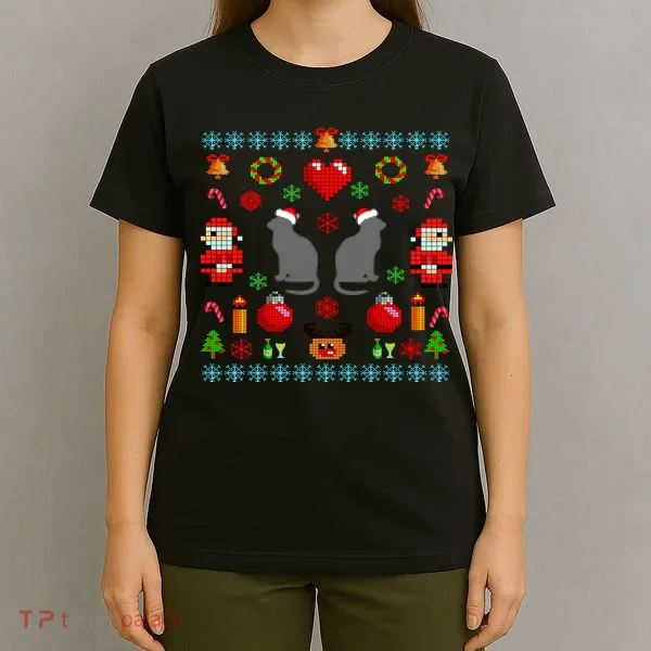Ugly Cat Christmas Sweater 8 Bit T-Shirt