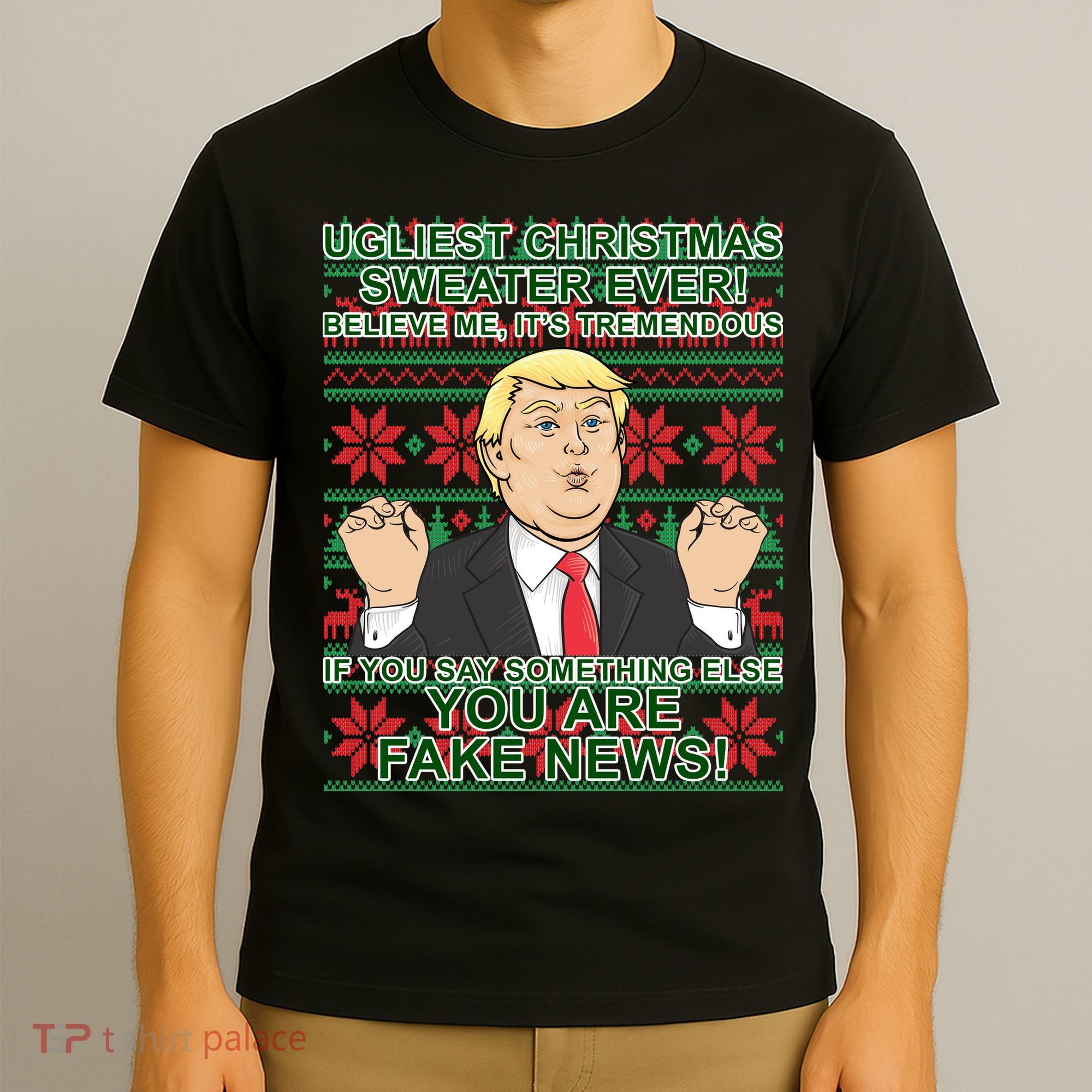 Ugly Christmas Sweater Fake News Trump T-Shirt