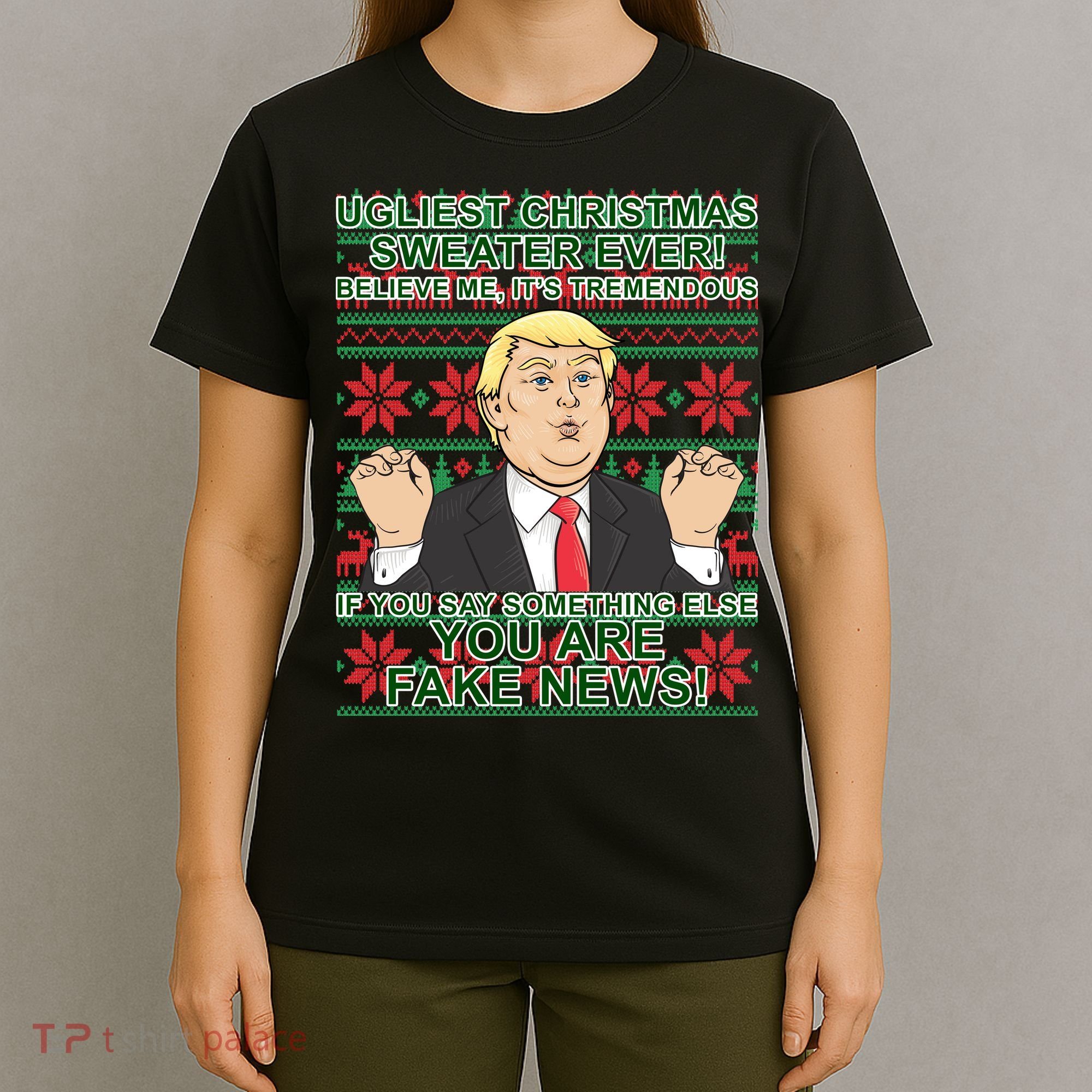 Ugly Christmas Sweater Fake News Trump T-Shirt