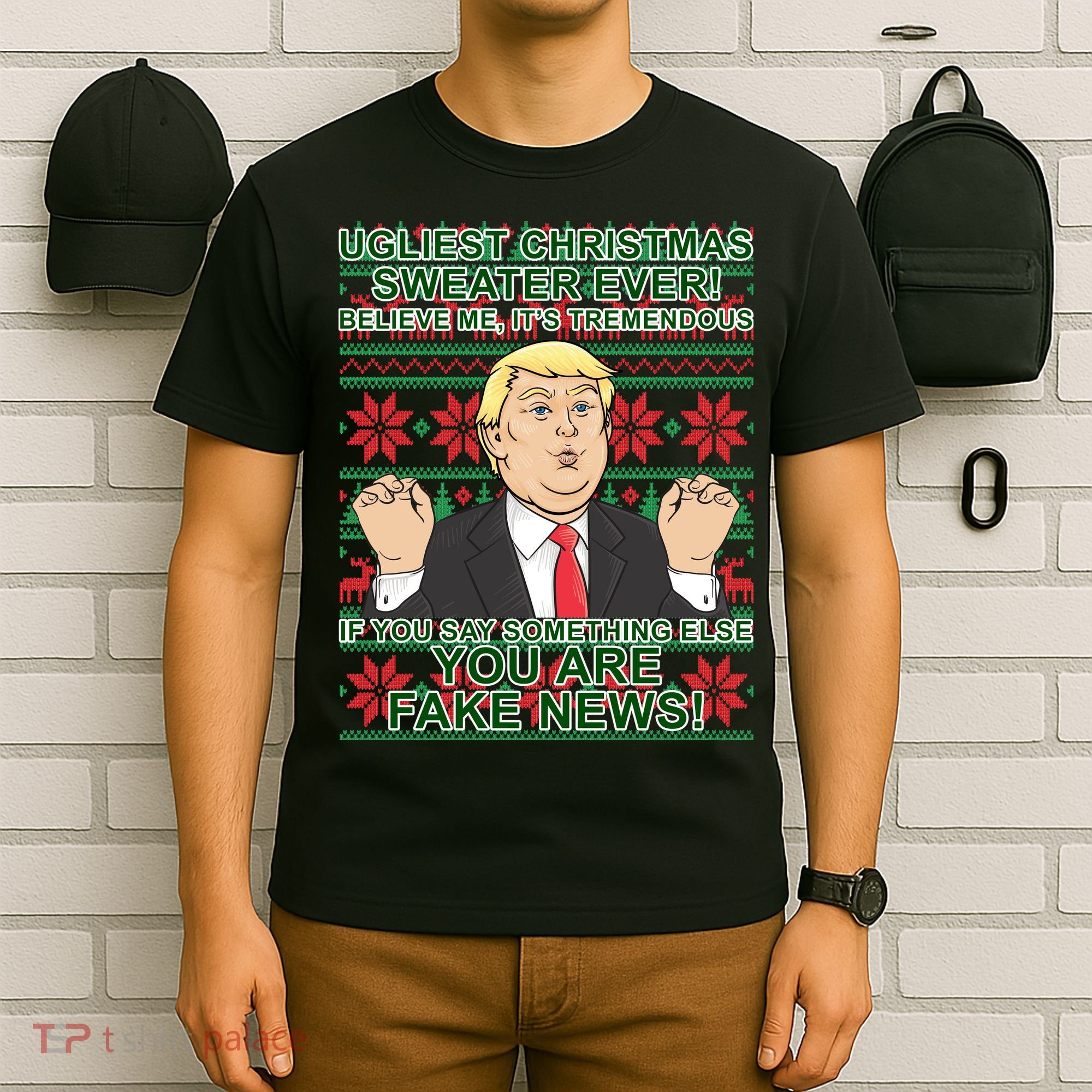 Ugly Christmas Sweater Fake News Trump T-Shirt