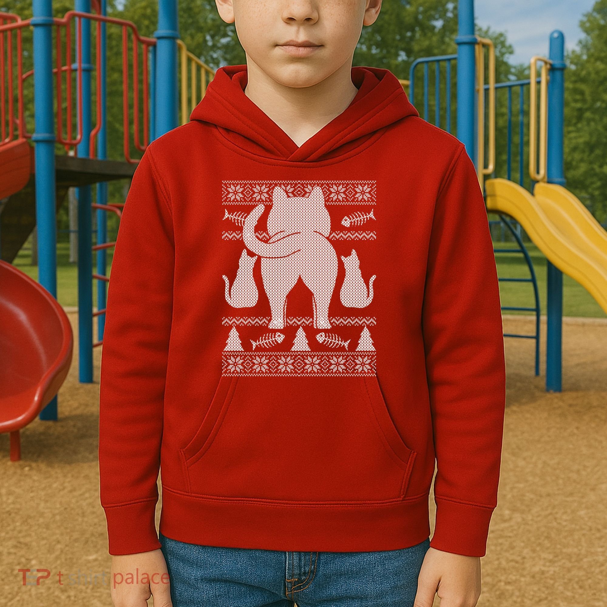 Ugly Christmas Sweater Festive Cat Butt Kids Hoodie