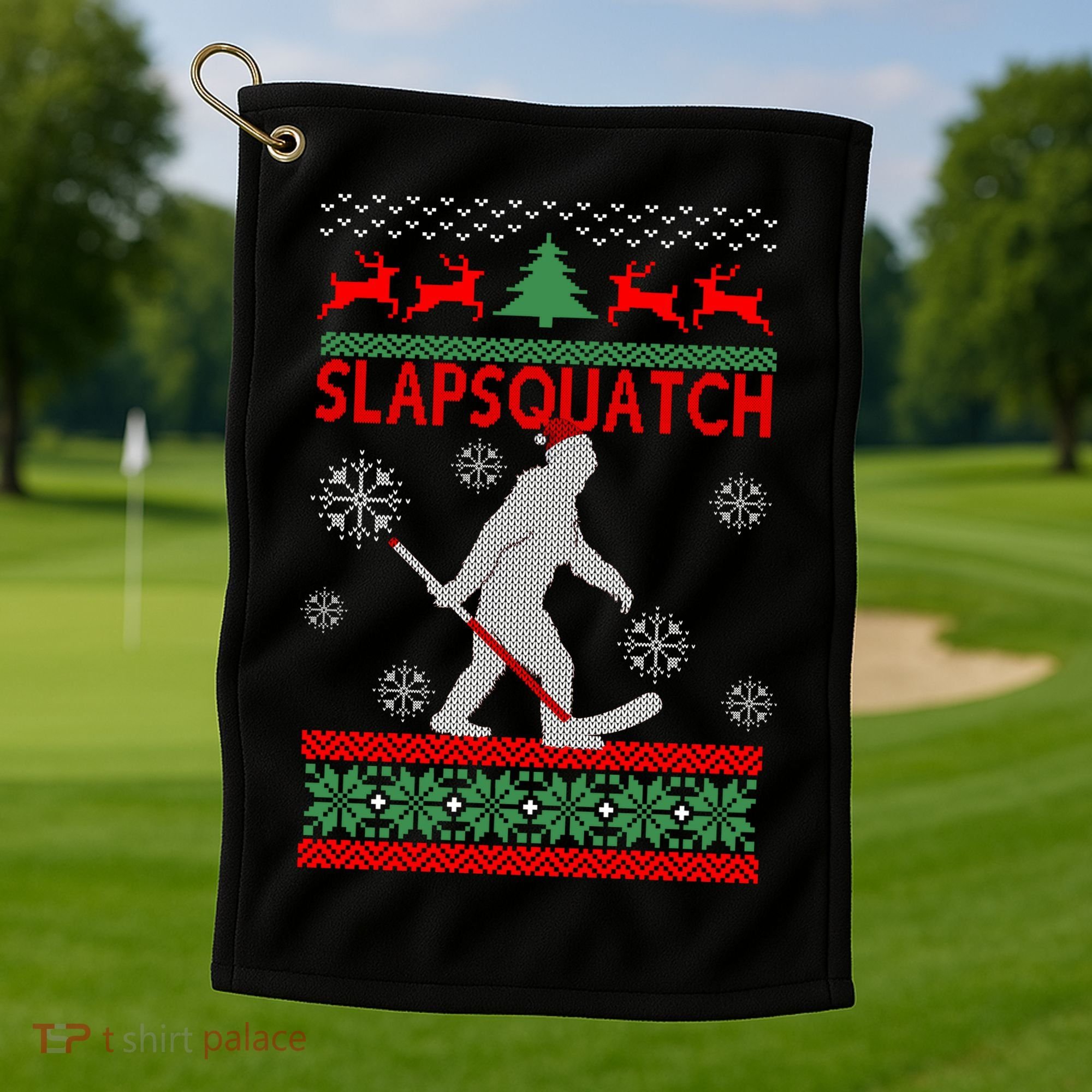 Ugly Christmas Sweater Hockey Sasquatch Golf Towel