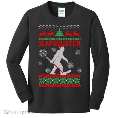 Ugly Christmas Sweater Hockey Sasquatch Kids Long Sleeve Shirt