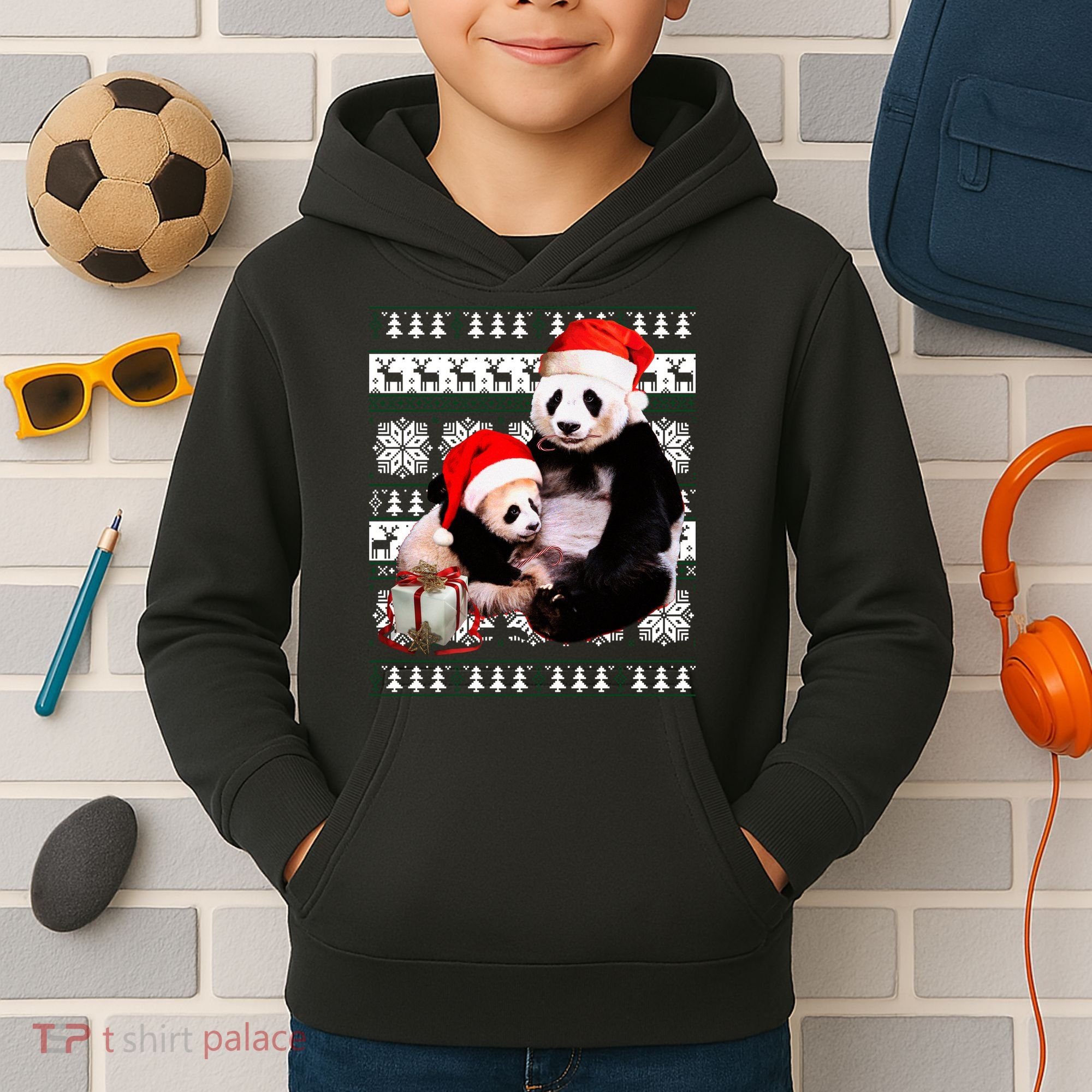 Ugly Christmas Sweater Panda Bears Kids Hoodie