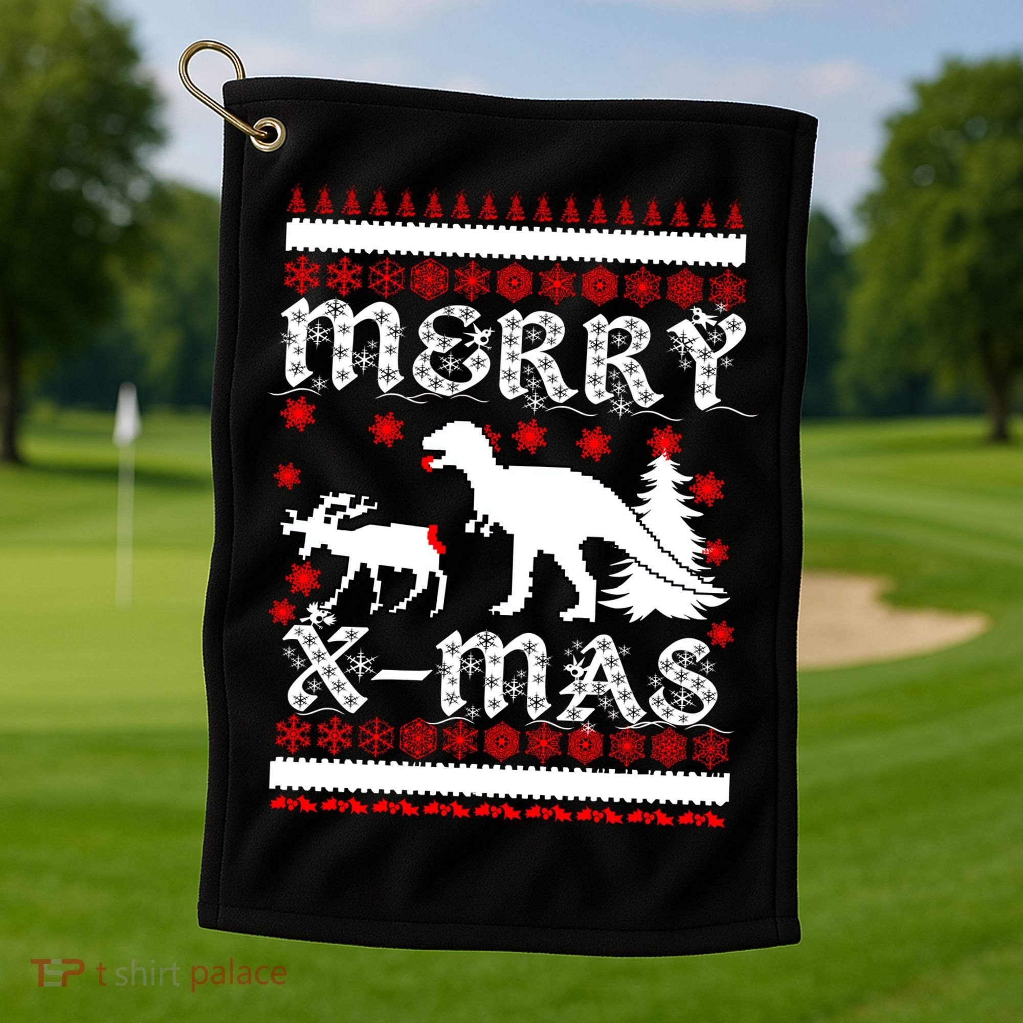 Ugly Christmas Sweater T-Rex Ate Reindeer Golf Towel