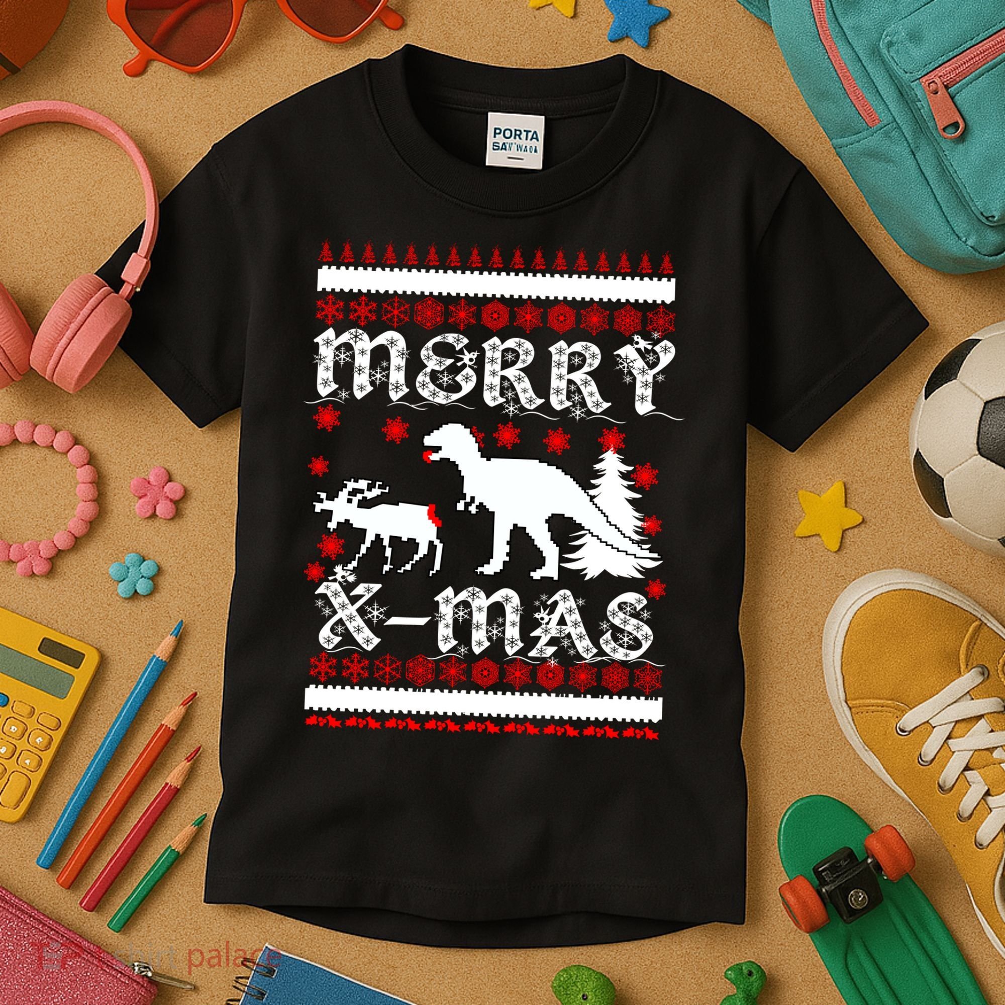 Ugly Christmas Sweater T-Rex Ate Reindeer Kids T-Shirt