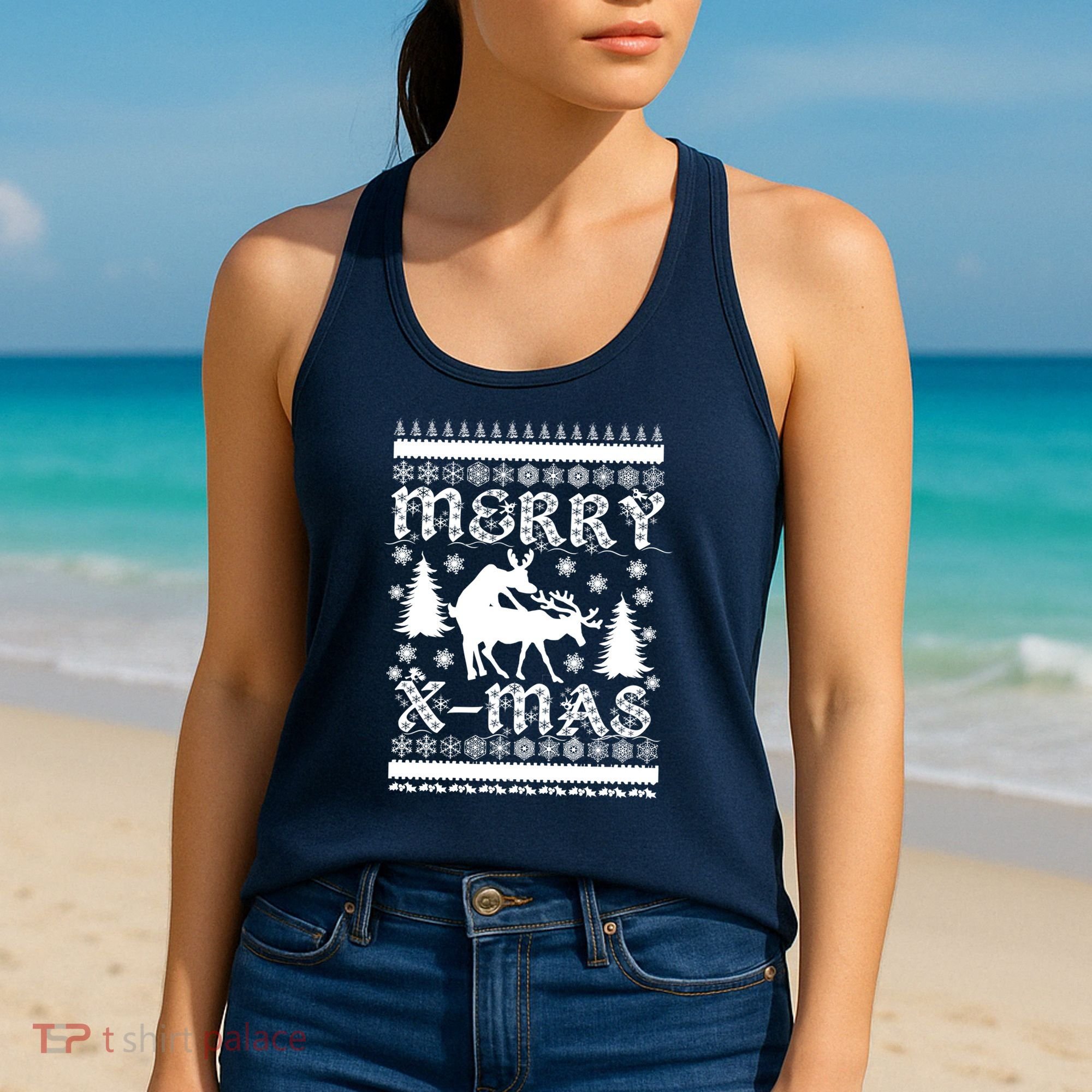 Ugly Christmas X-Mas Frisky Reindeer Humping Women's Tank Top