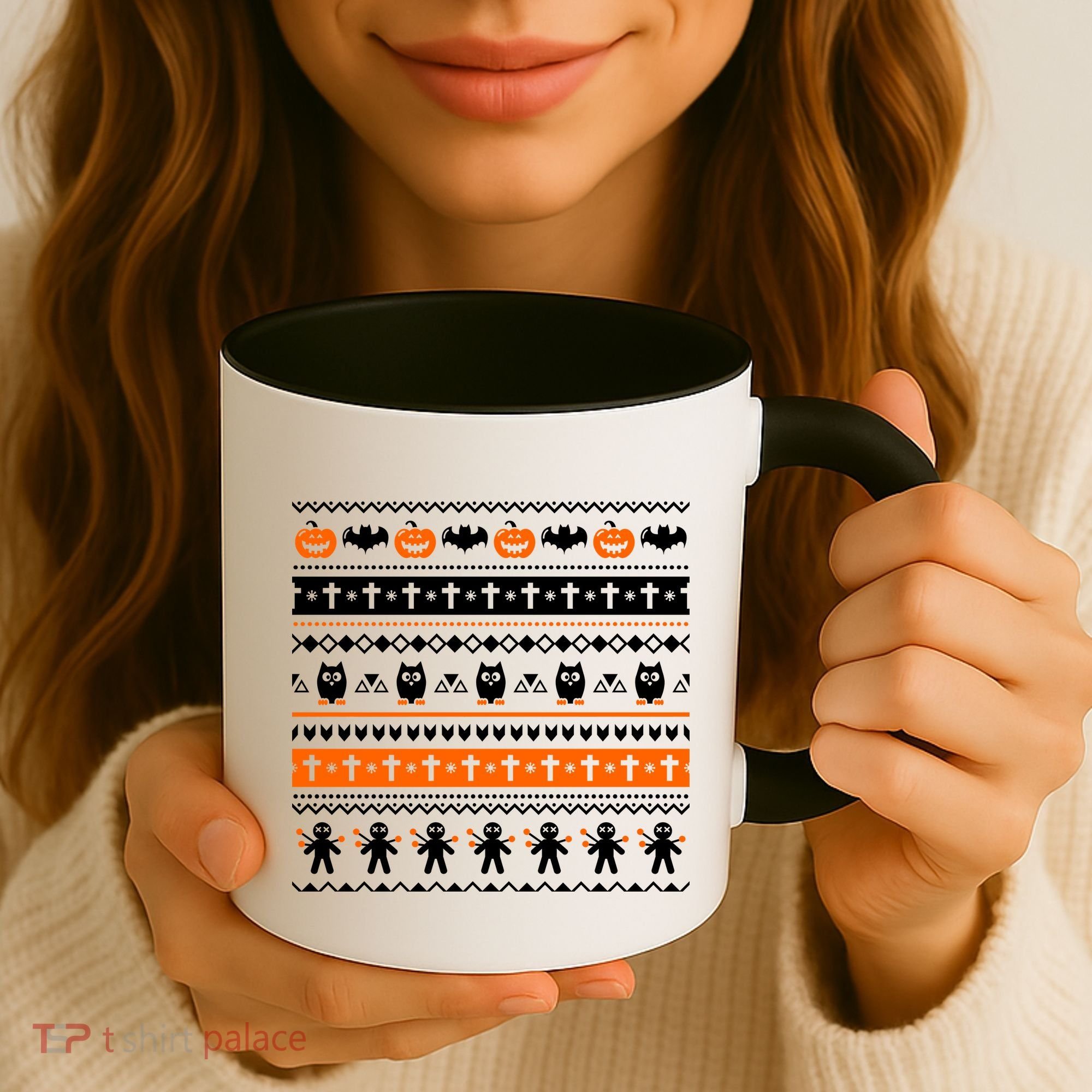 Ugly Halloween Sweater Black Cat Pumpkin Coffee Mug