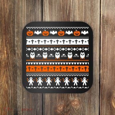 Ugly Halloween Sweater Black Cat Pumpkin Coaster