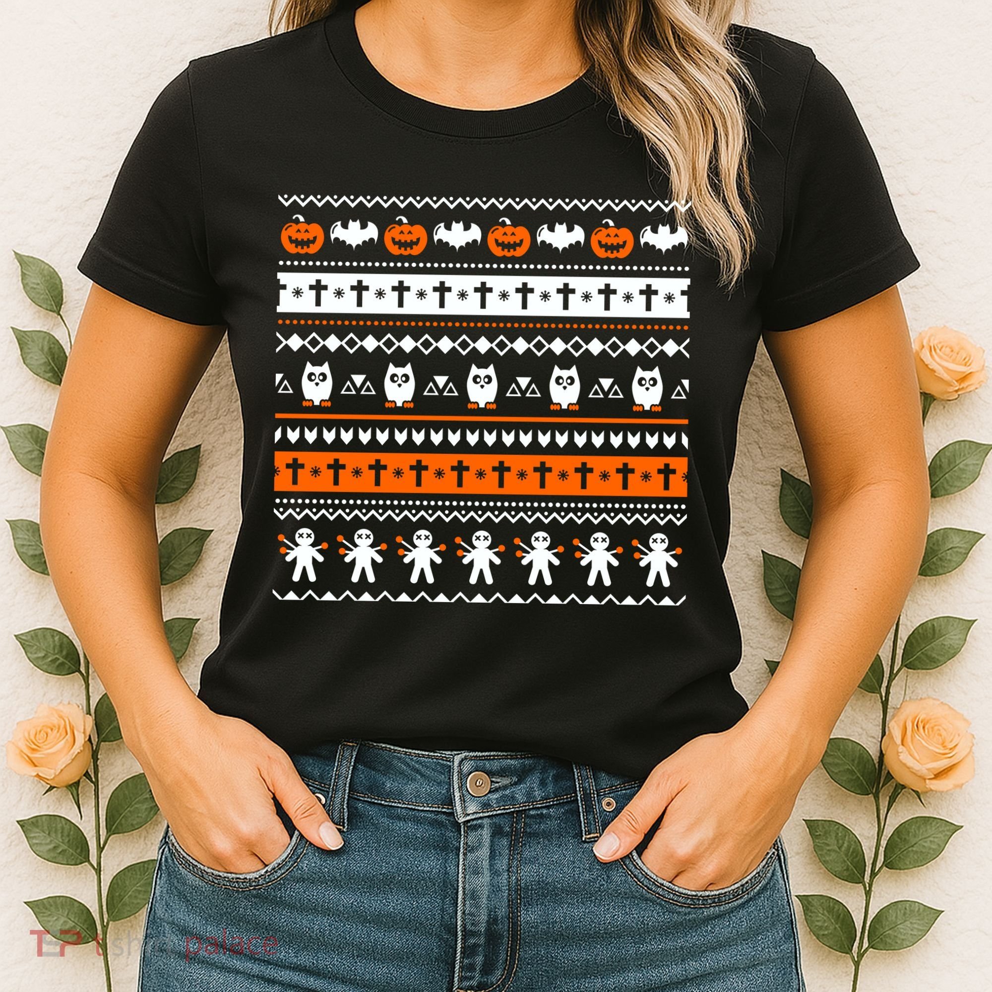 Ugly Halloween Sweater Black Cat Pumpkin Women's T-Shirt