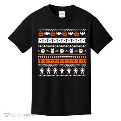 Ugly Halloween Sweater Black Cat Pumpkin Kids T-Shirt