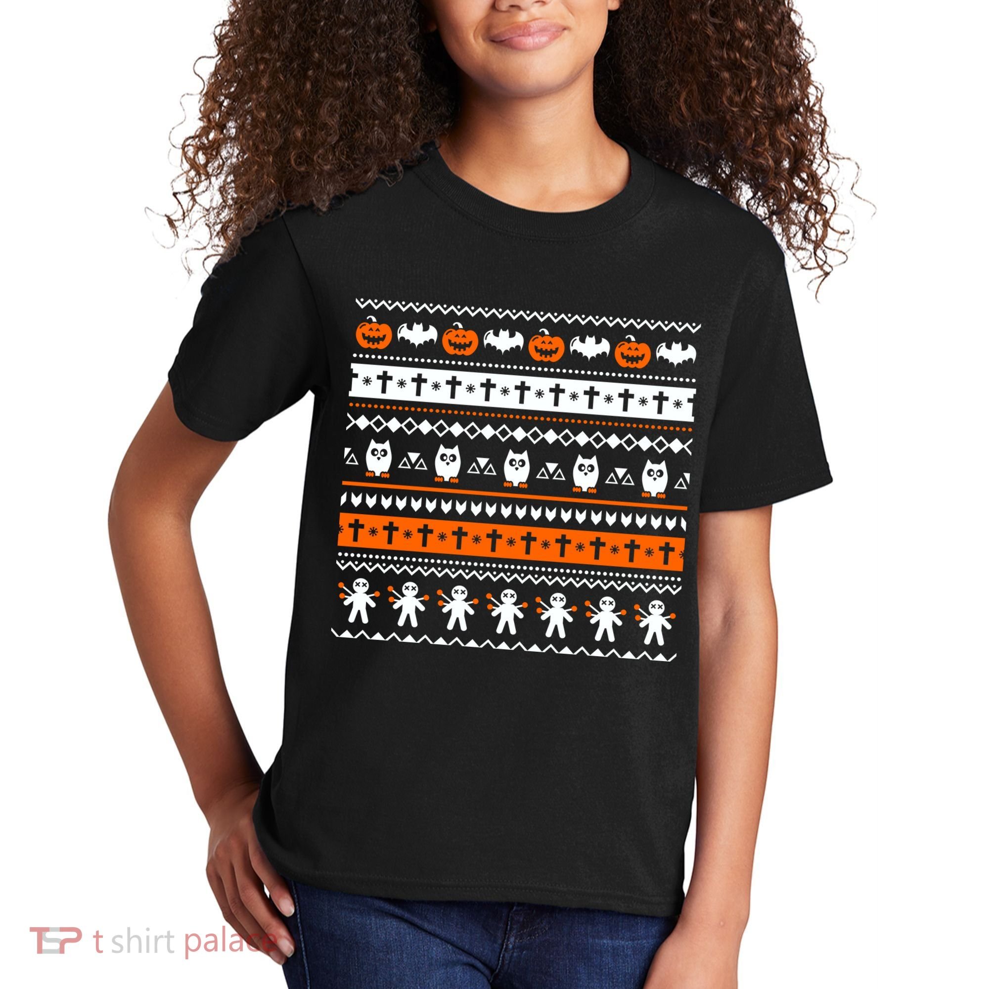 Ugly Halloween Sweater Black Cat Pumpkin Kids T-Shirt