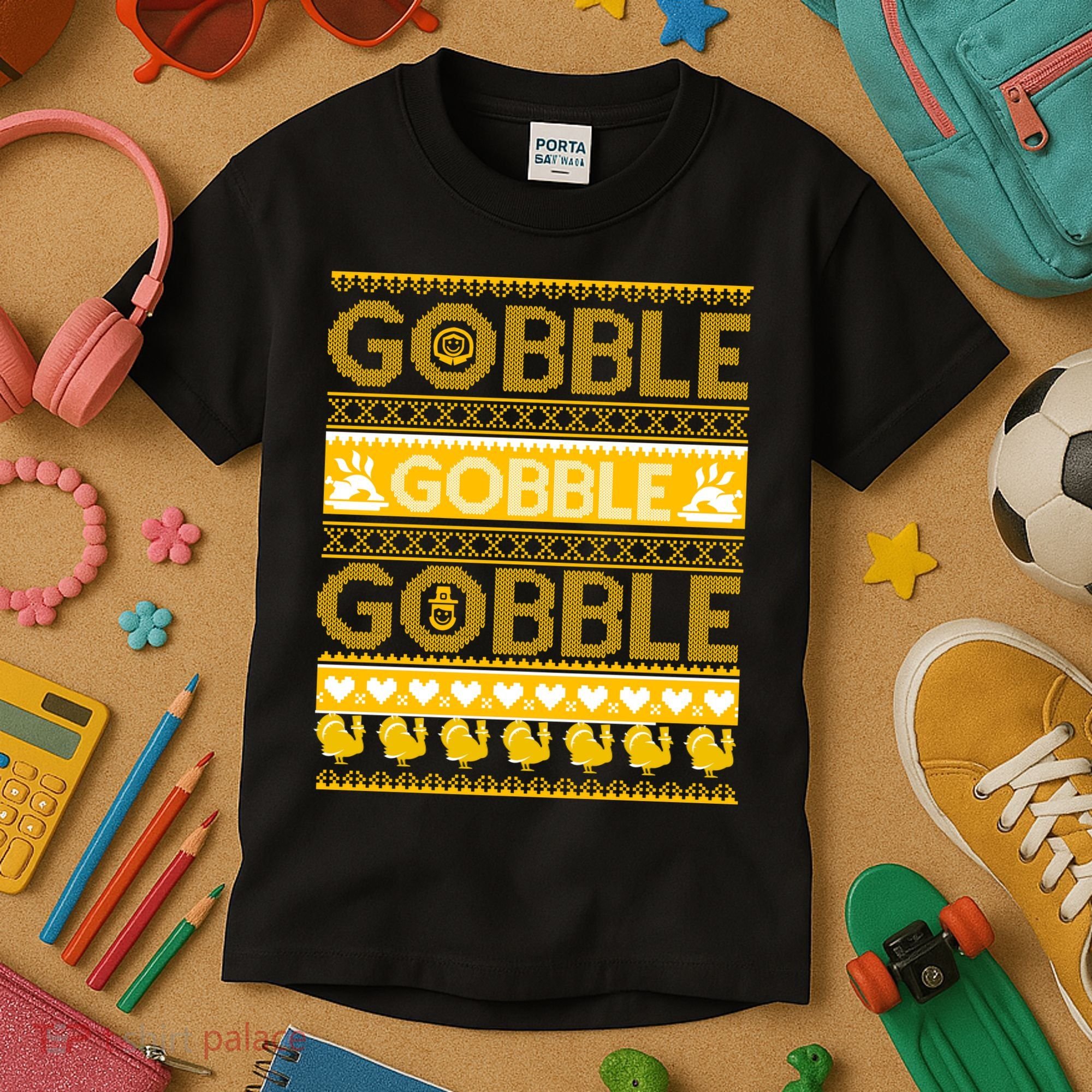 Ugly Thanksgiving Gobble Gobble Gobble Turkey Kids T-Shirt