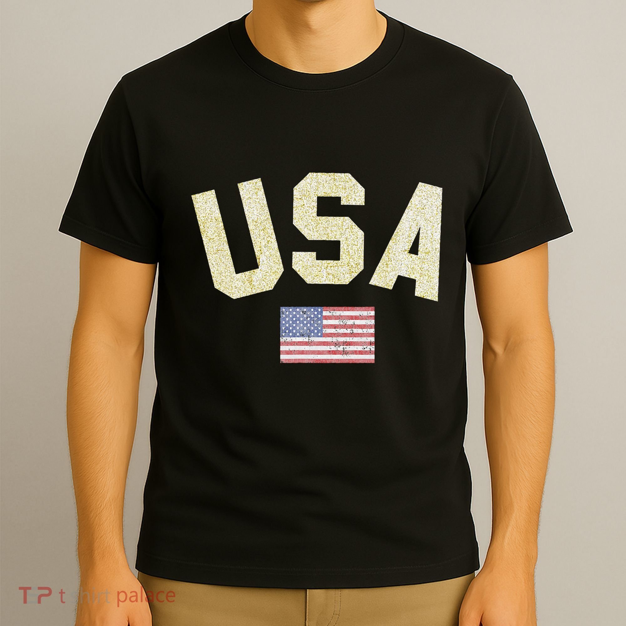 Usa Gold Text Centre Flag T-Shirt
