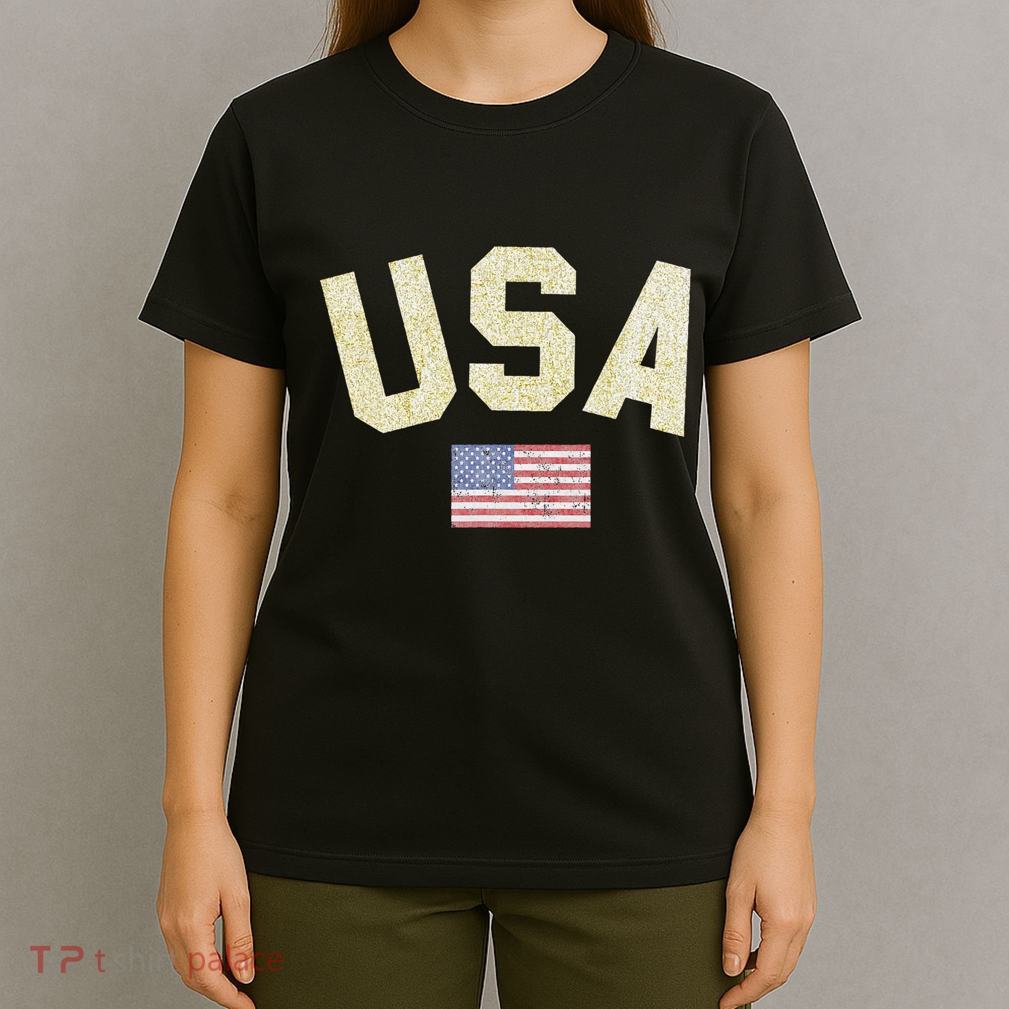 Usa Gold Text Centre Flag T-Shirt