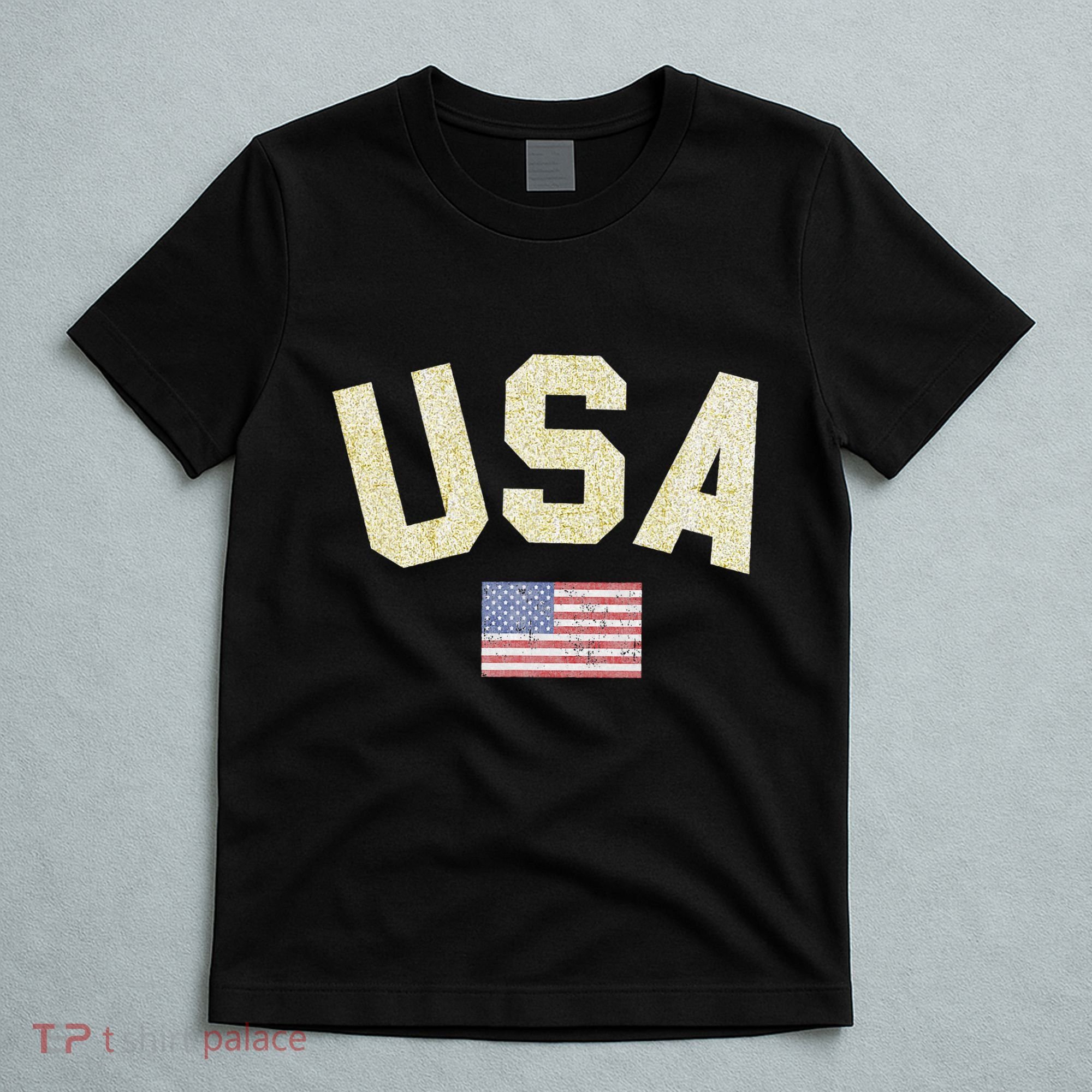 Usa Gold Text Centre Flag T-Shirt