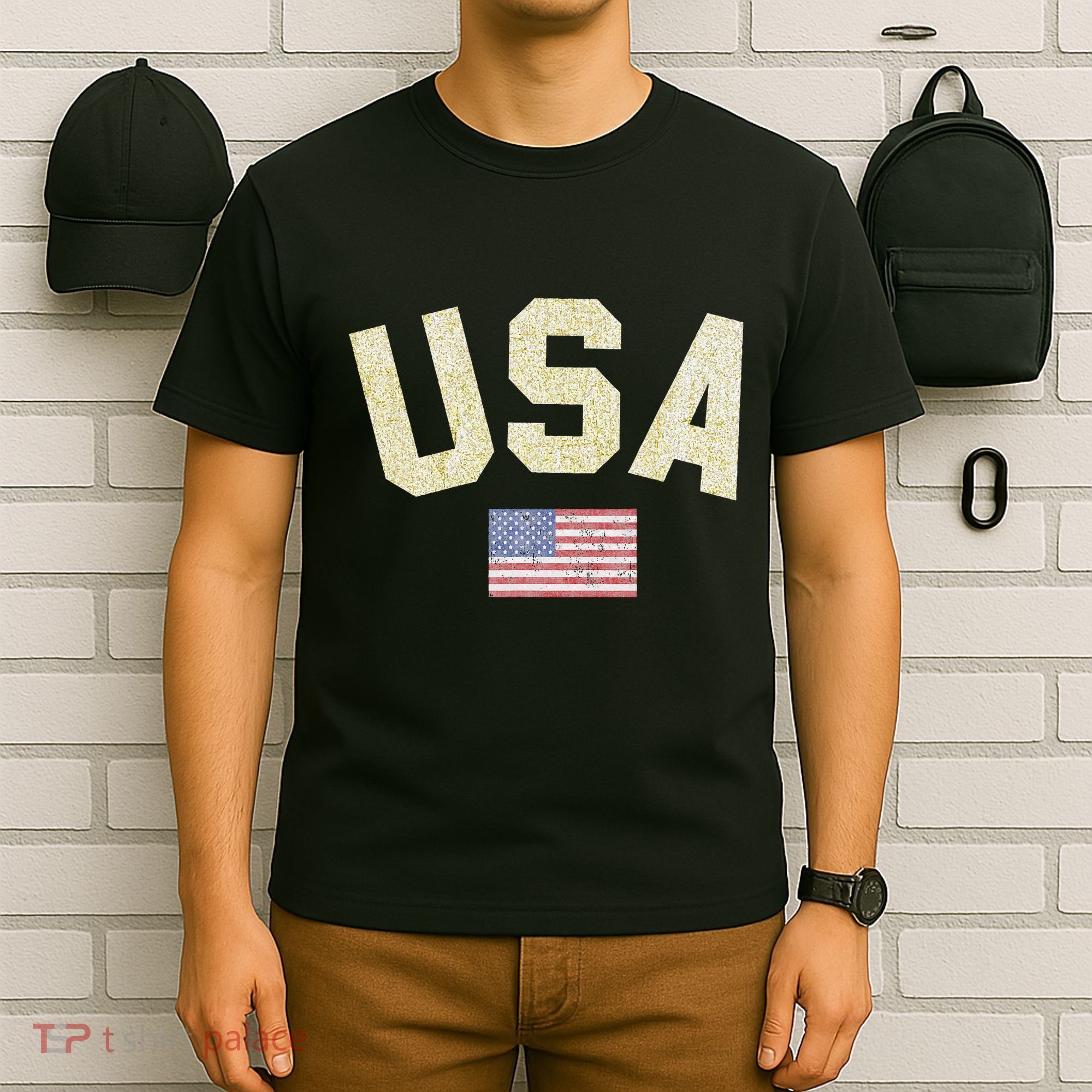 Usa Gold Text Centre Flag T-Shirt