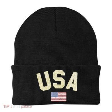 Usa Gold Text Centre Flag Beanie