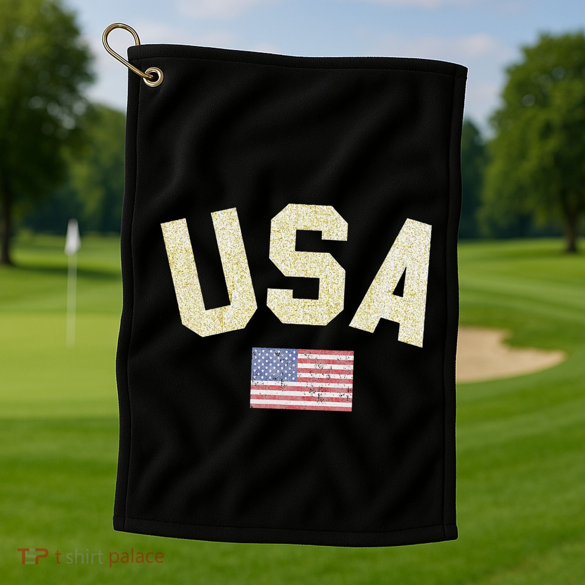 Usa Gold Text Centre Flag Golf Towel