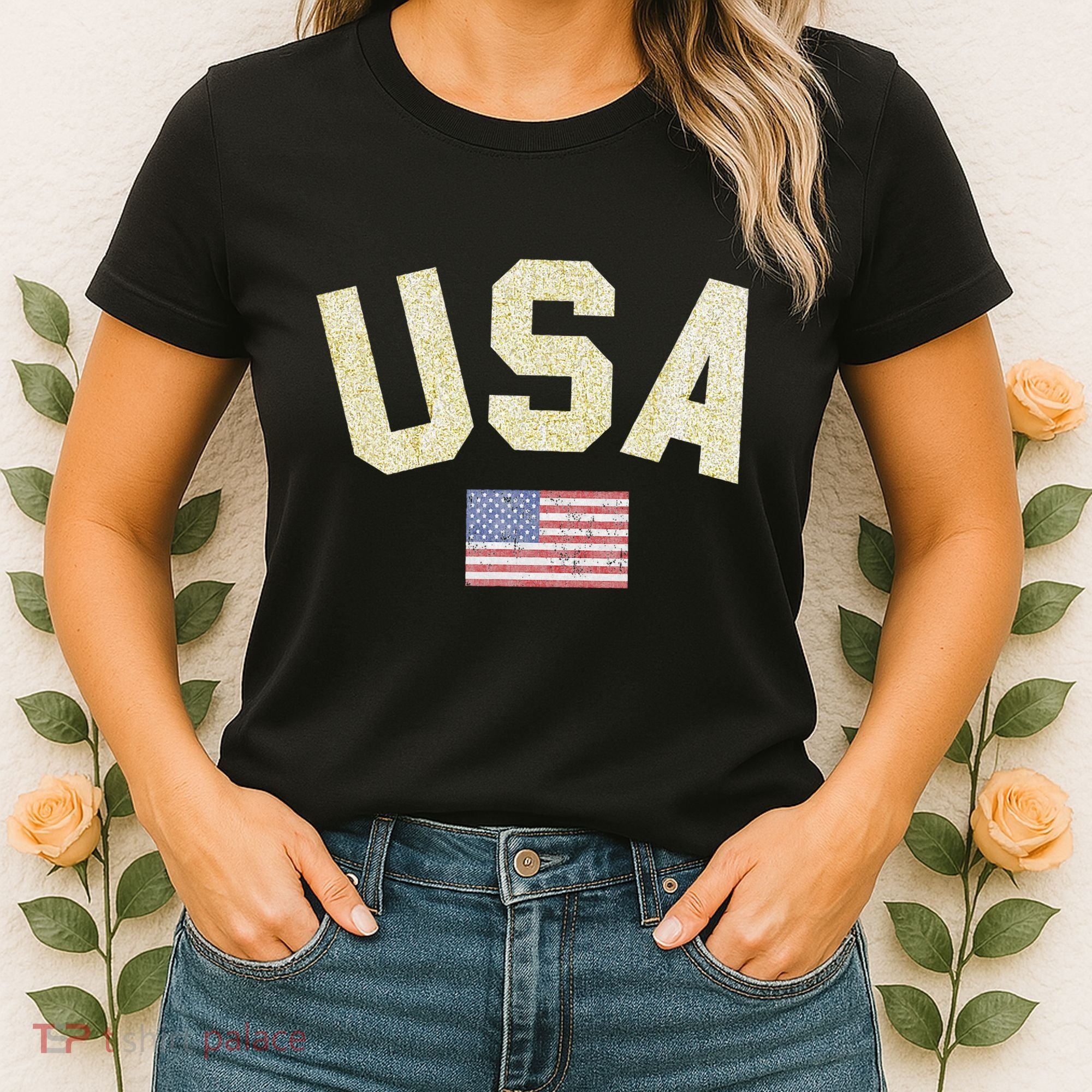 Usa Gold Text Centre Flag Women's T-Shirt
