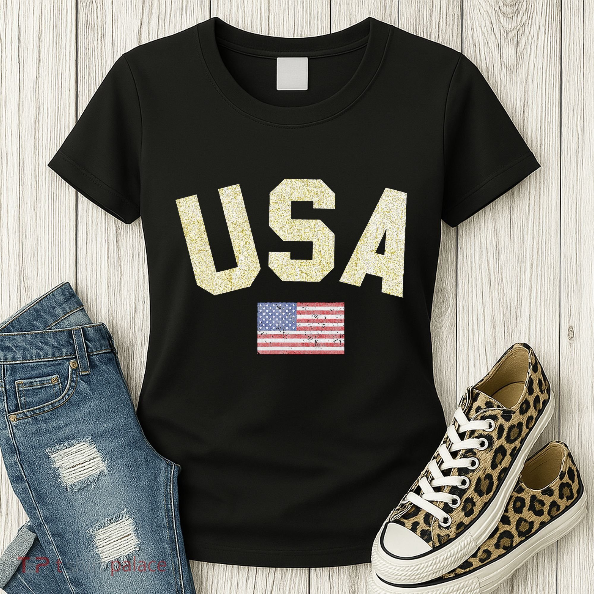 Usa Gold Text Centre Flag Women's T-Shirt