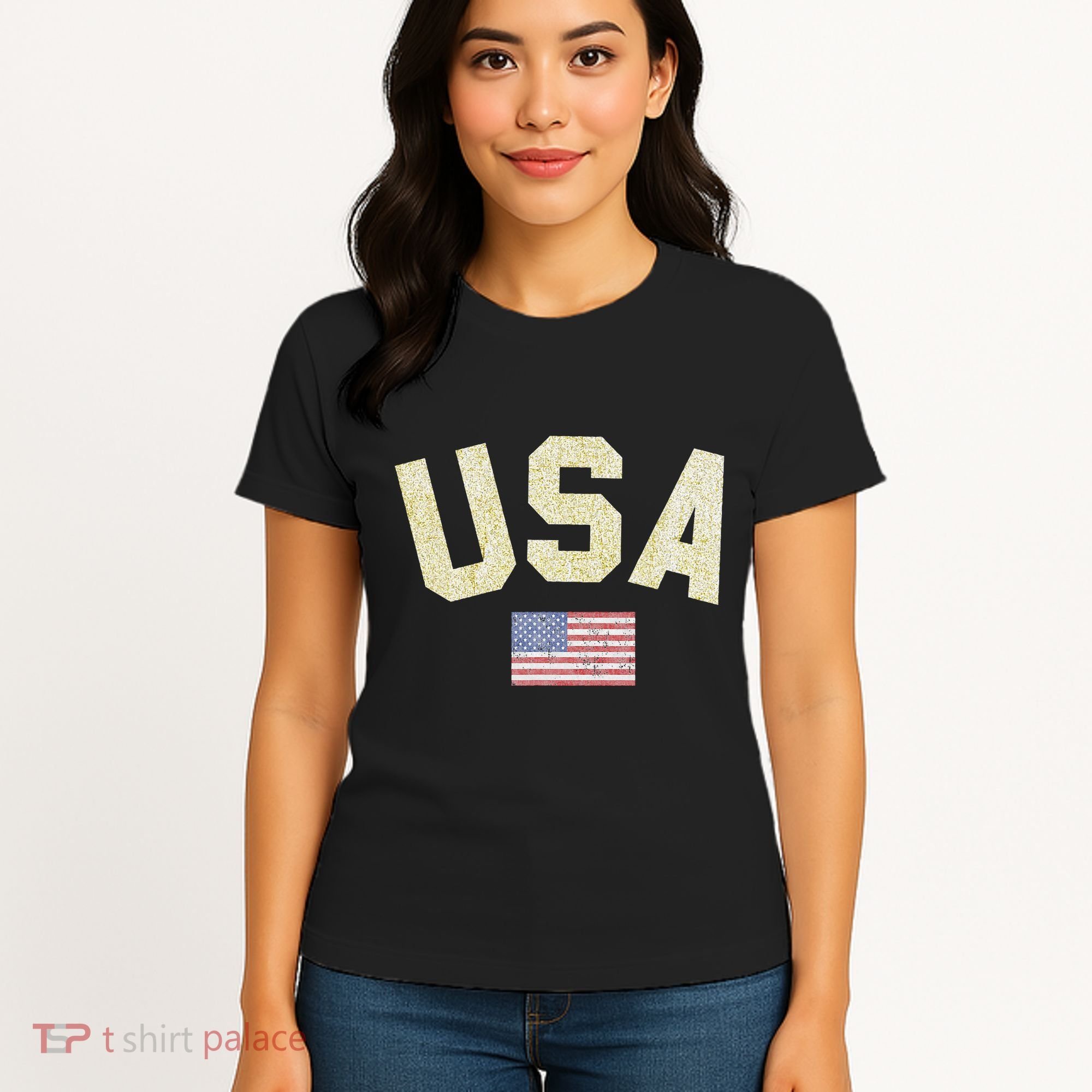 Usa Gold Text Centre Flag Women's T-Shirt