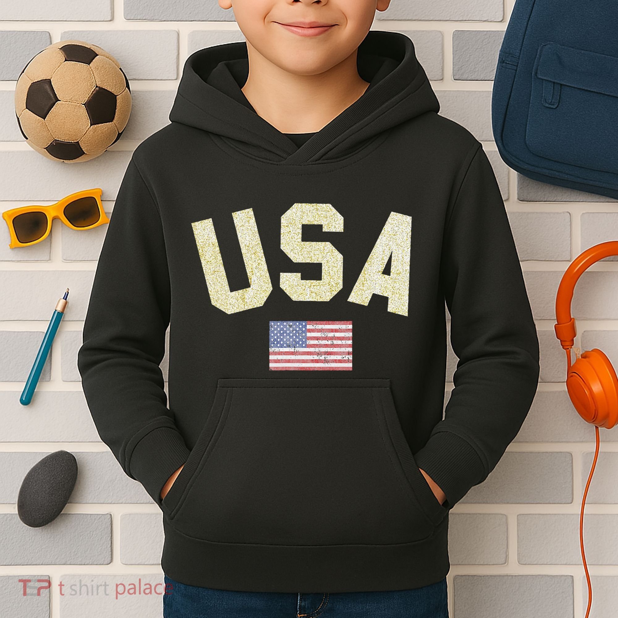 Usa Gold Text Centre Flag Kids Hoodie