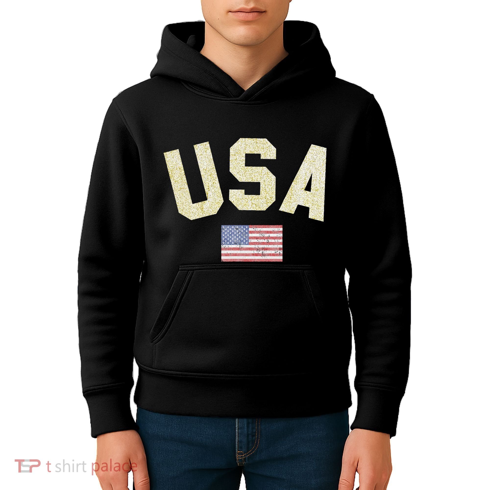 Usa Gold Text Centre Flag Kids Hoodie