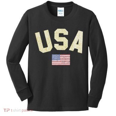 Usa Gold Text Centre Flag Kids Long Sleeve Shirt