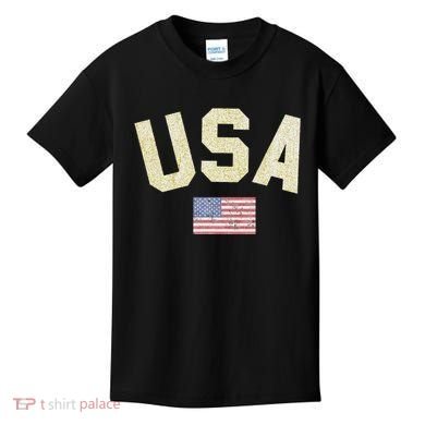 Usa Gold Text Centre Flag Kids T-Shirt