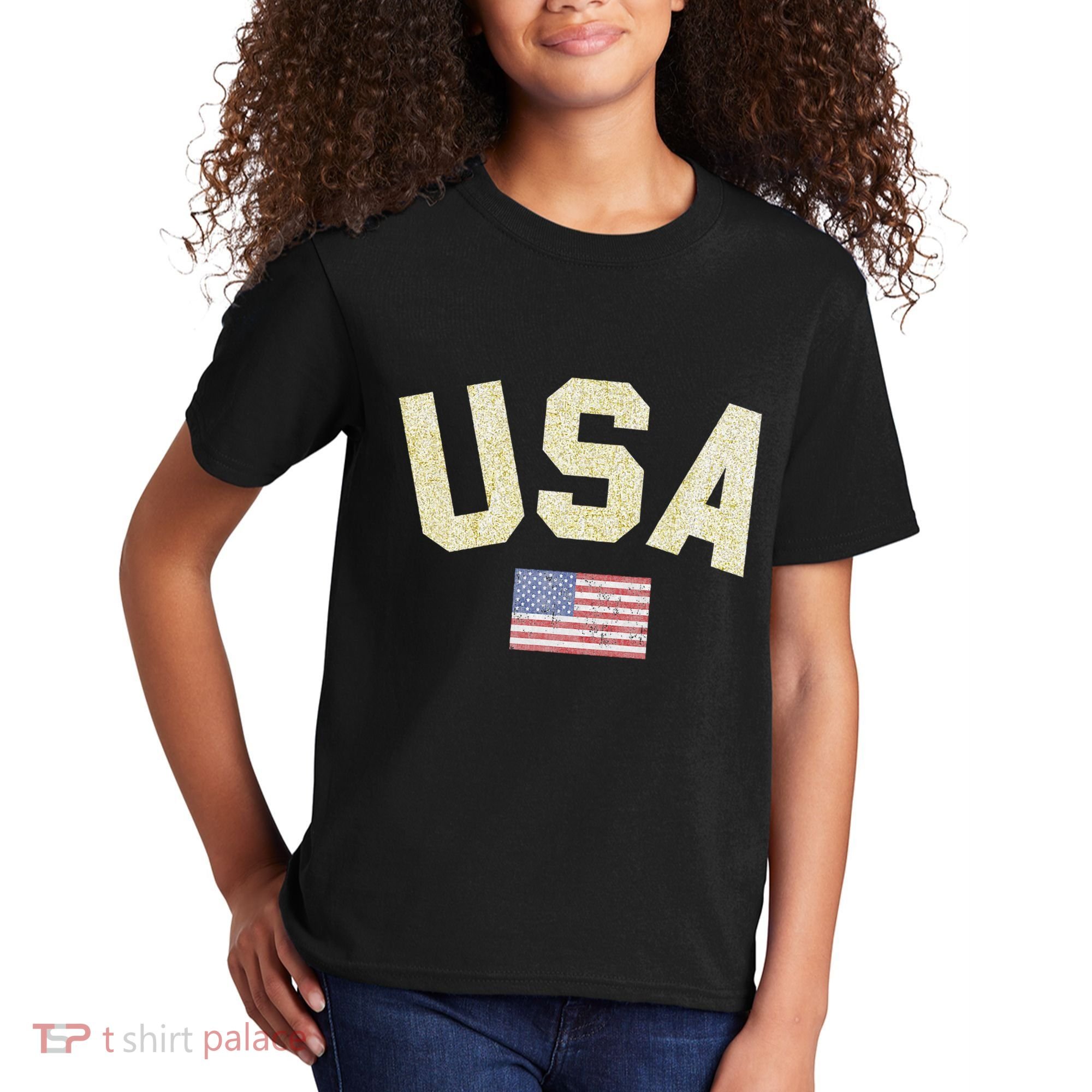 Usa Gold Text Centre Flag Kids T-Shirt