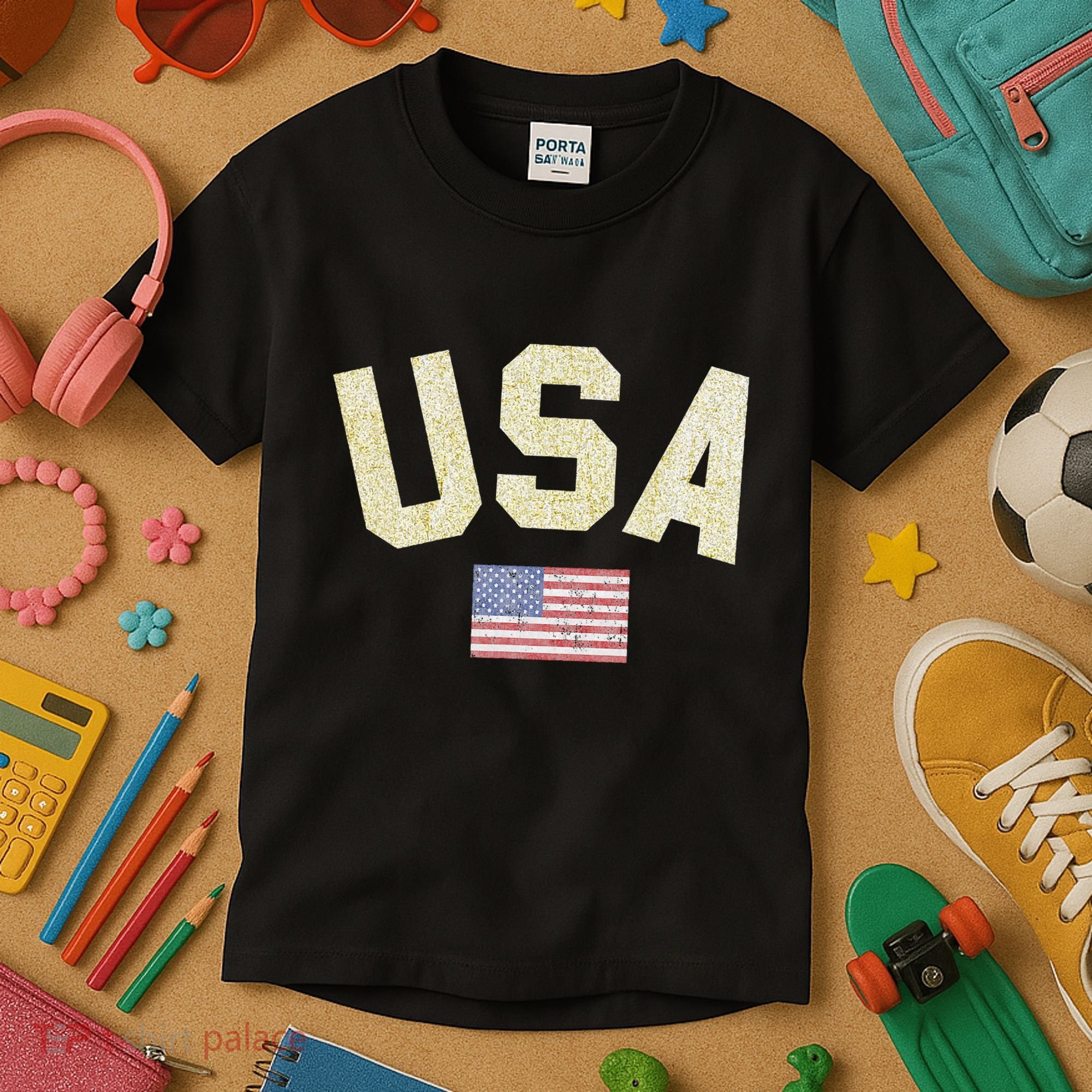 Usa Gold Text Centre Flag Kids T-Shirt