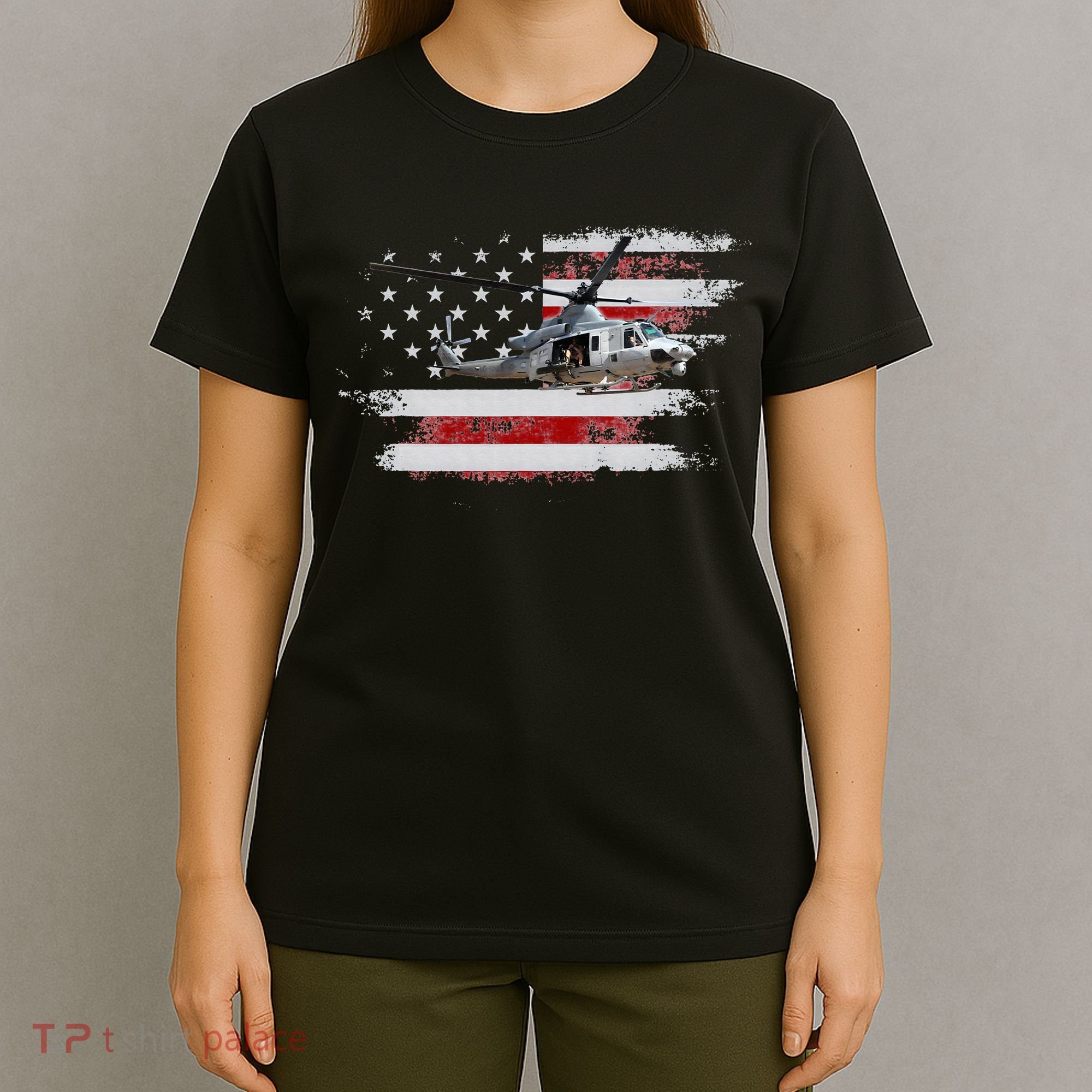 UH1 Huey Helicopter USA American Flag Helicopter Pilot Gifts T-Shirt