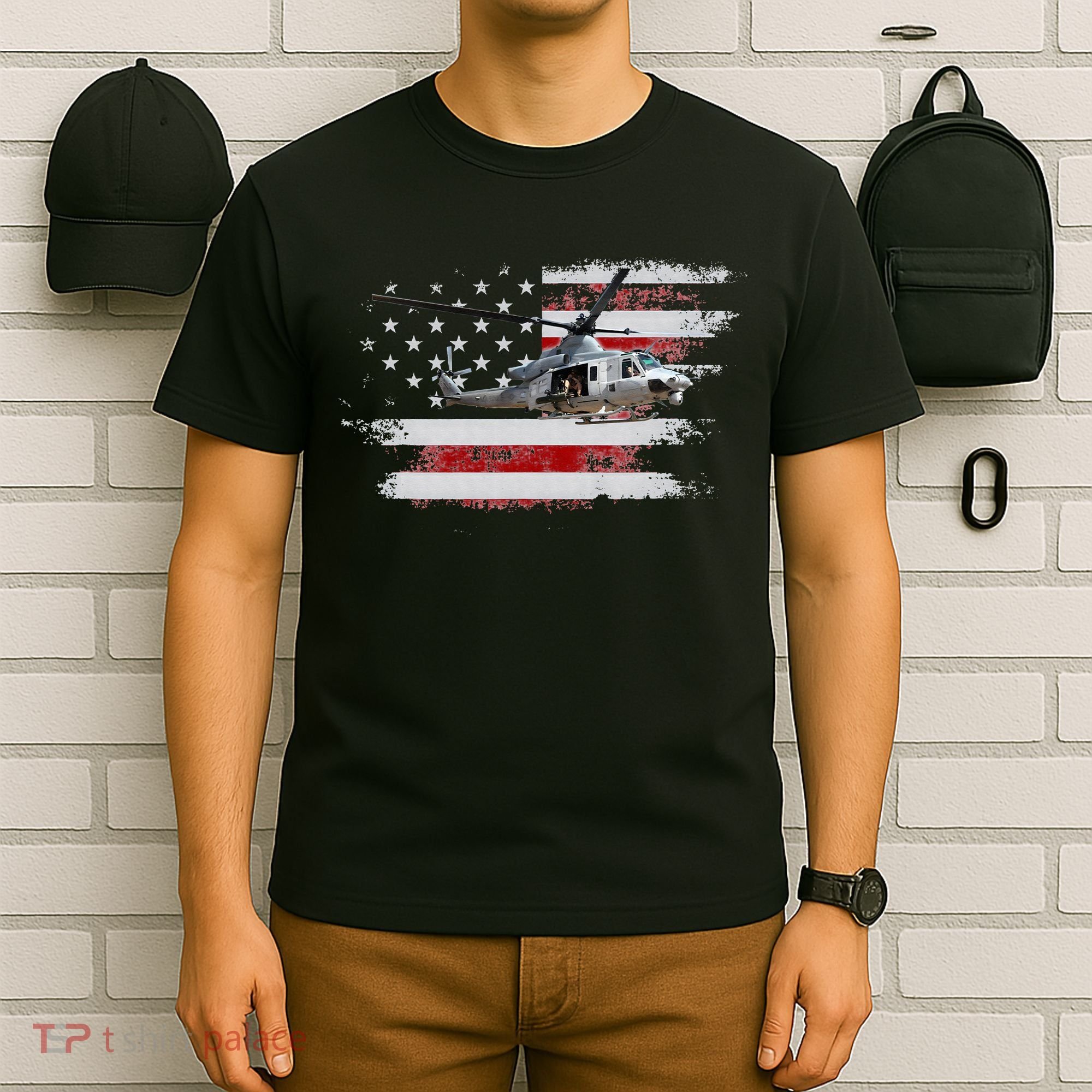 UH1 Huey Helicopter USA American Flag Helicopter Pilot Gifts T-Shirt