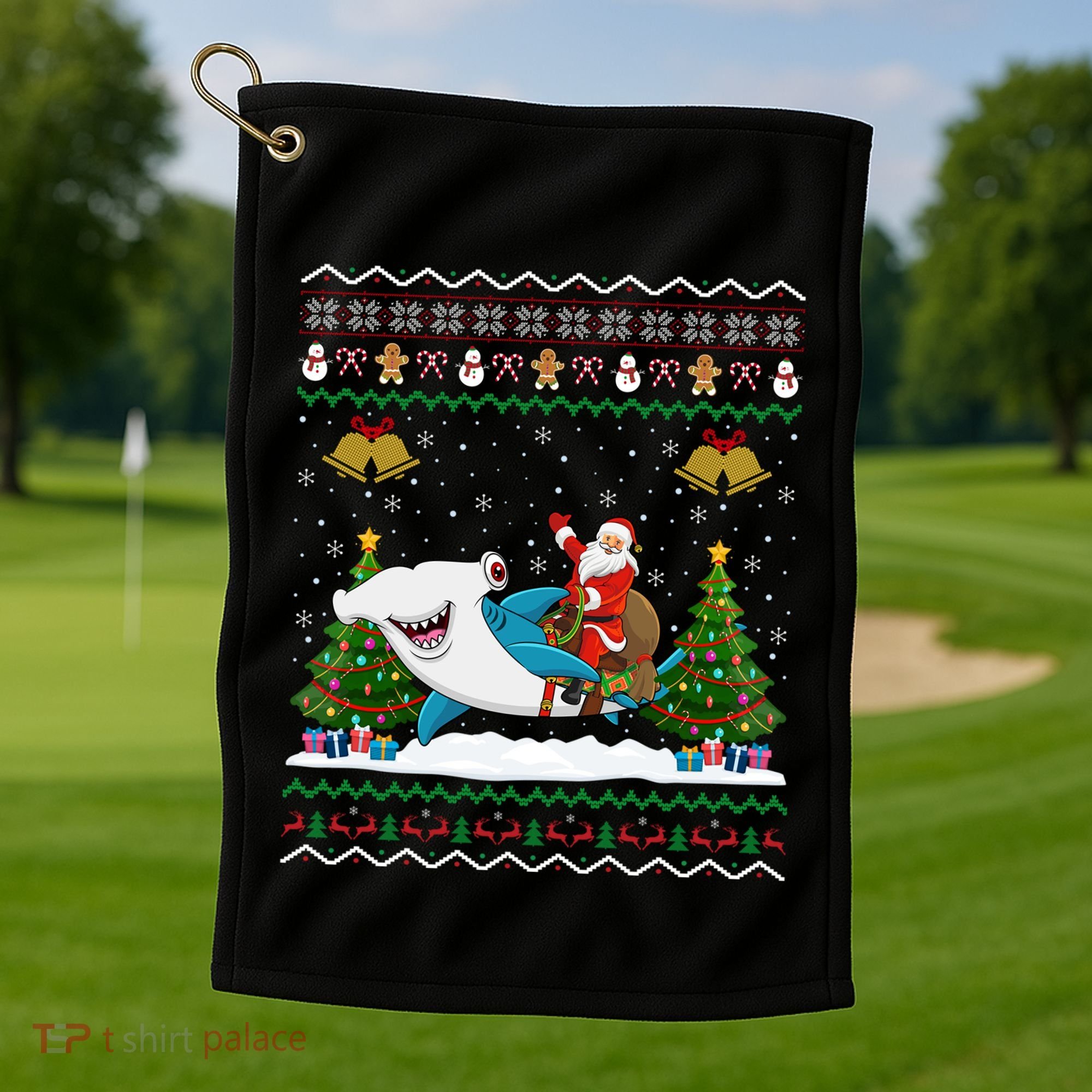 Ugly Hammerhead Shark Xmas Gift Santa Riding Shark Christmas Gift Golf Towel