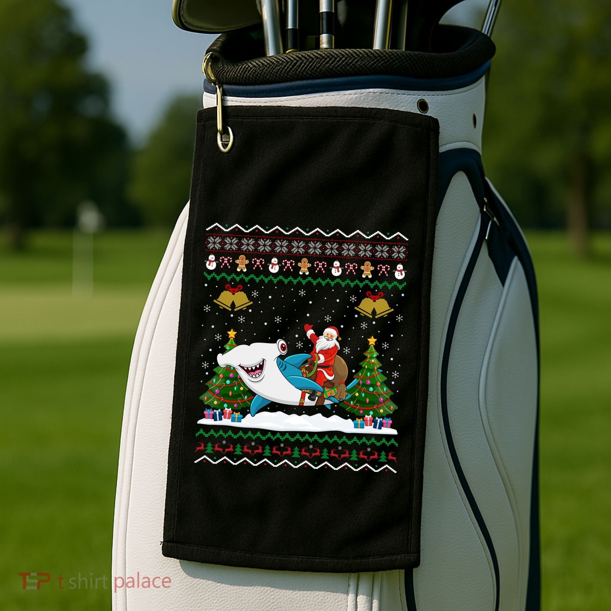 Ugly Hammerhead Shark Xmas Gift Santa Riding Shark Christmas Gift Golf Towel
